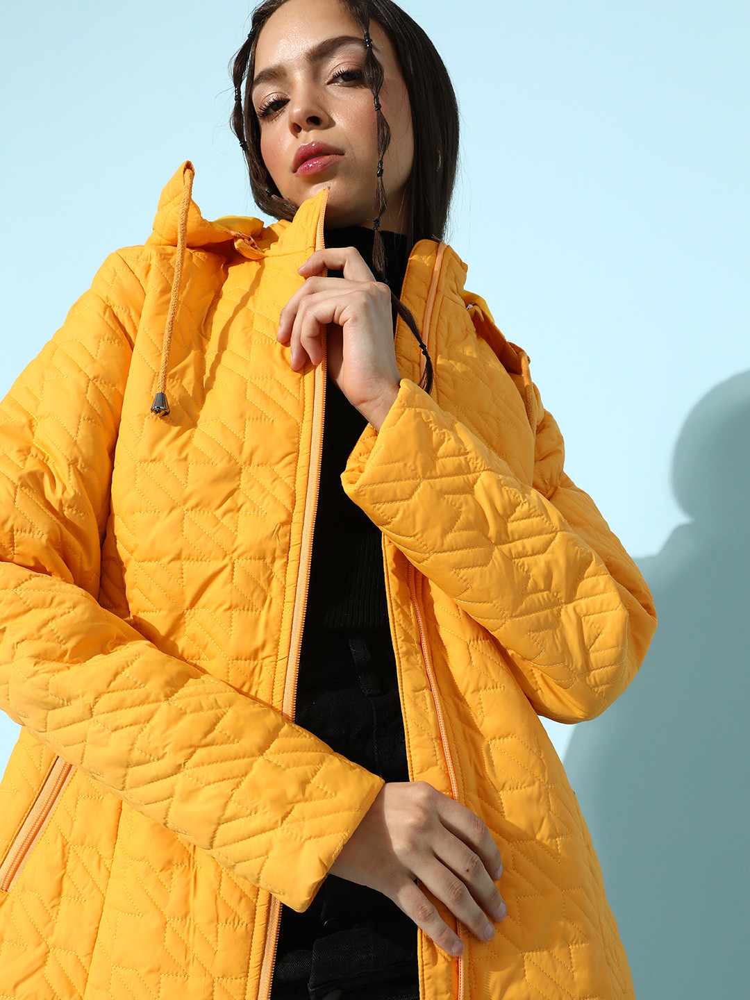 DressBerry Women Yellow Solid Detachable Hood Padded Jacket