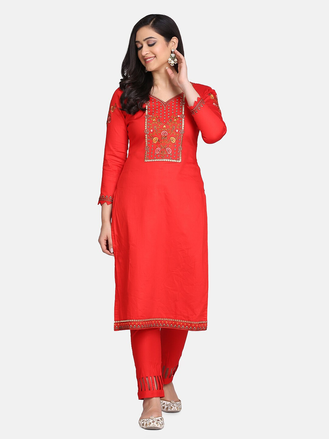 Shaily Red Embroidered Pure Cotton Unstitched Dress Material