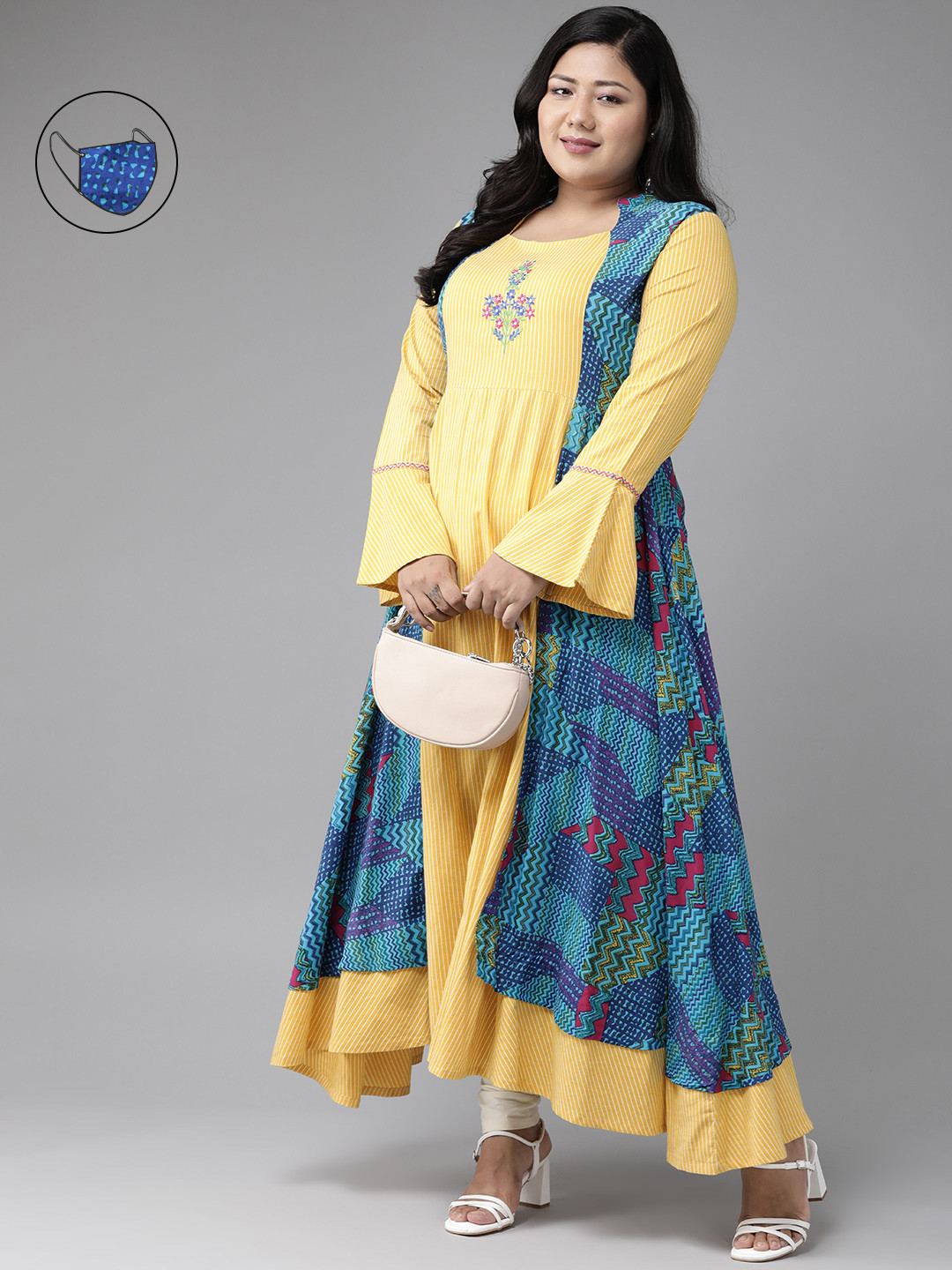YASH GALLERY Women Plus Size Yellow & Blue Printed Anarkali Kurta with Mask