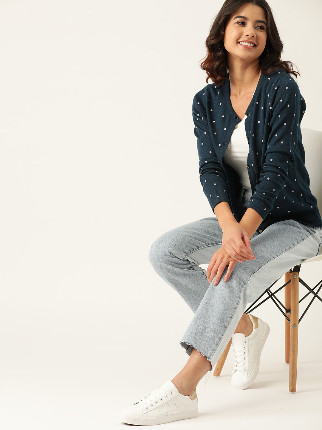 DressBerry Women Navy Blue & Off-White Acrylic Printed Cardigan