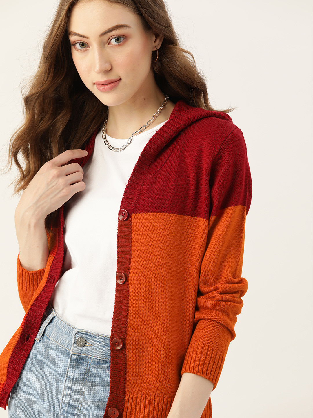 DressBerry Women Red & Orange Colourblocked Hooded Cardigan