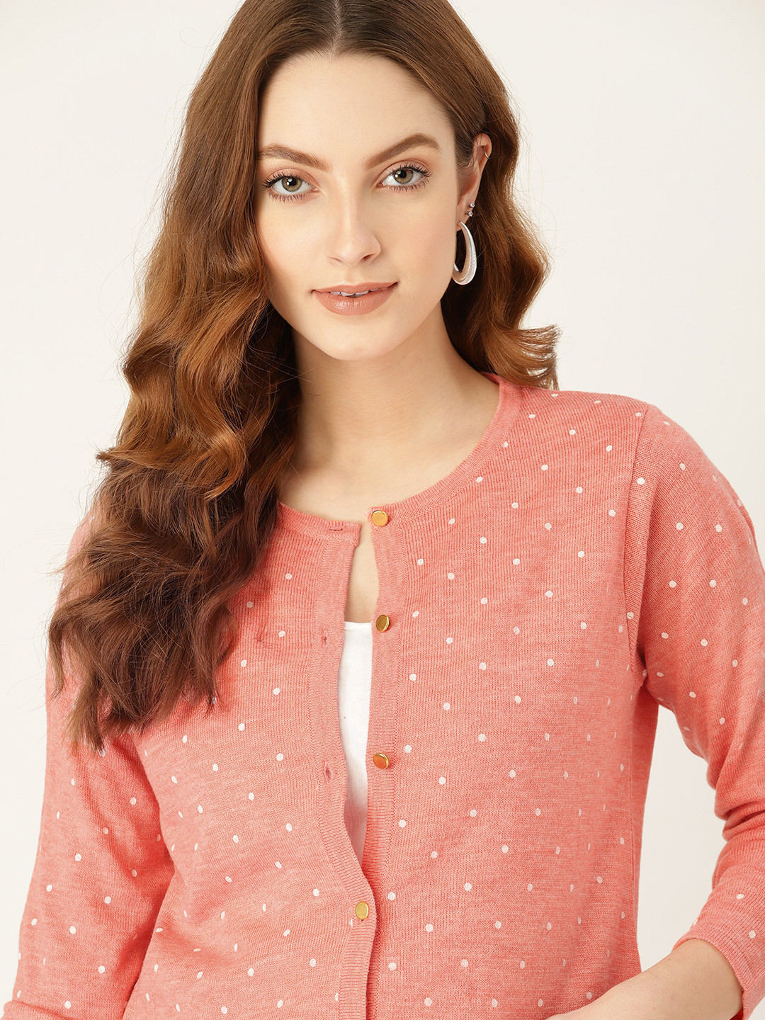 DressBerry Women Peach-Coloured & White Polka Dot Print Cardigan