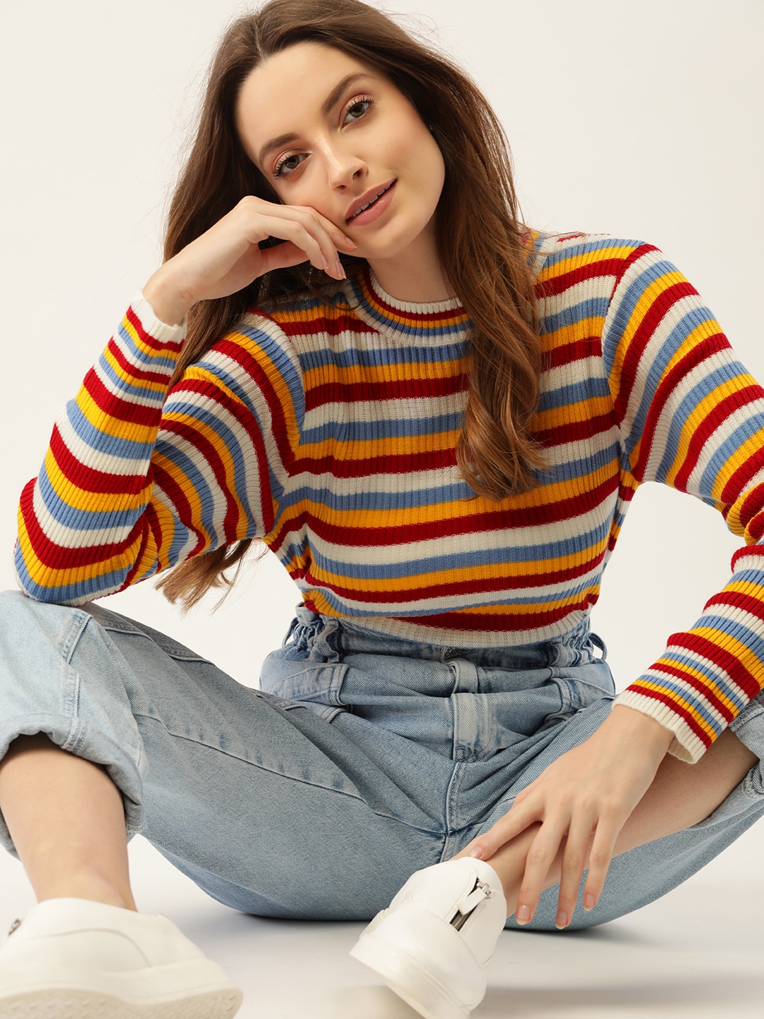 Buy DressBerry Women Red Mustard Yellow Striped Pullover Sweaters for Women 14071908 Myntra