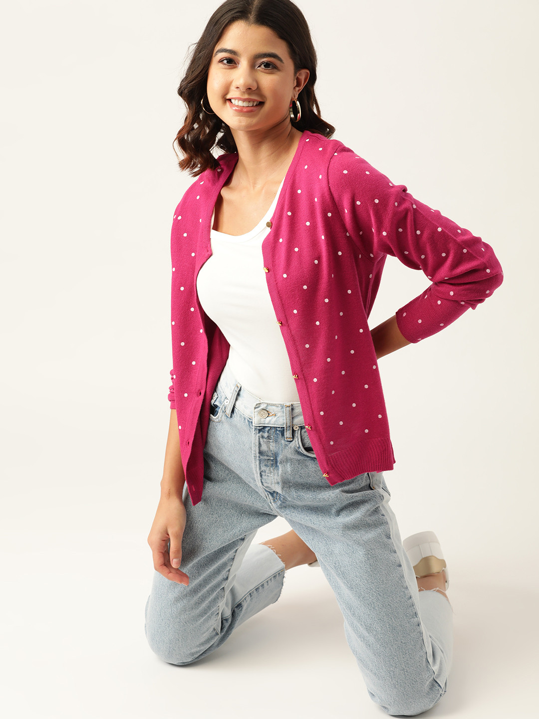 DressBerry Women Pink & White Printed Front-Open Sweater