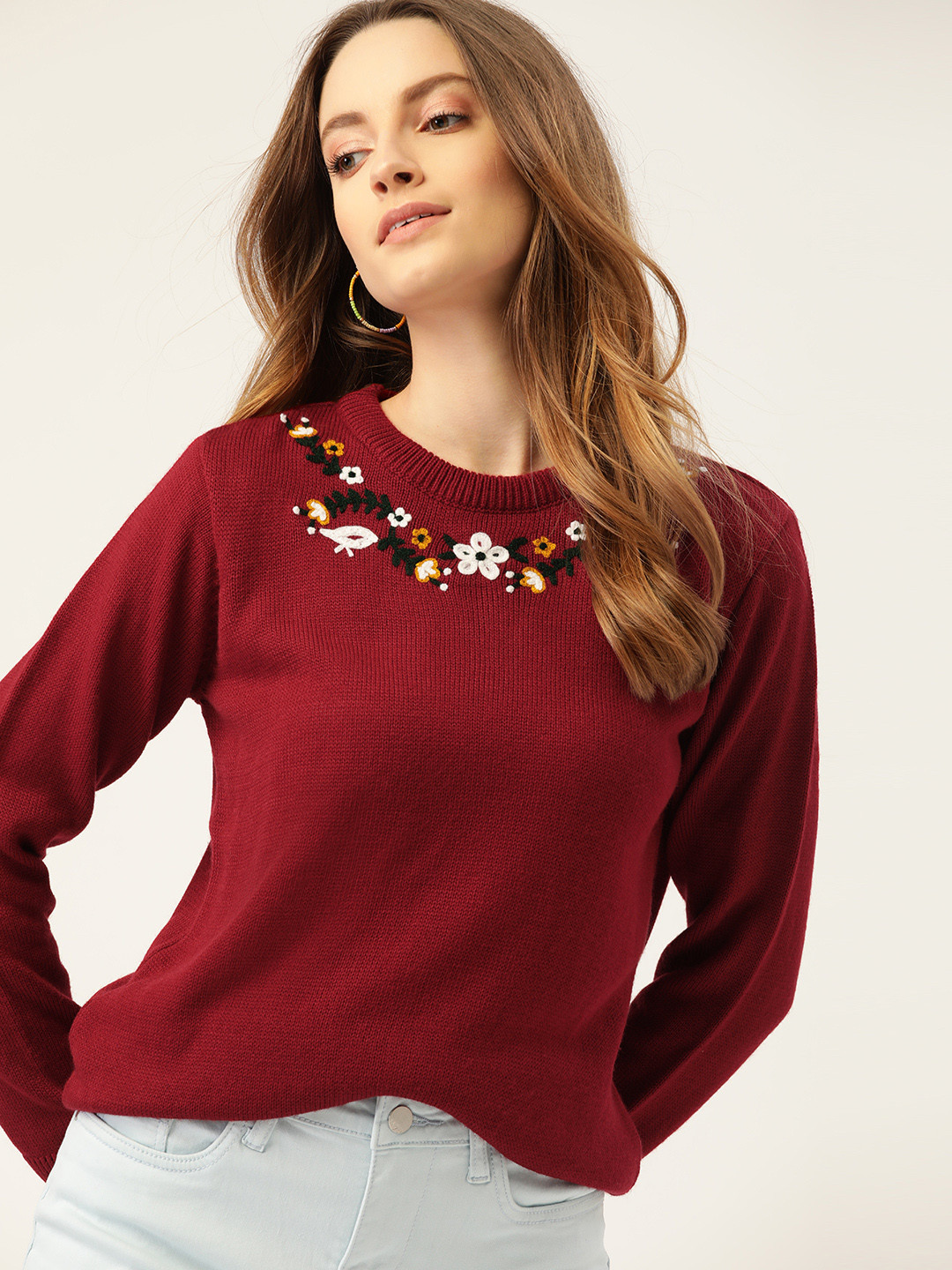 DressBerry Women Maroon Floral Embroidered Pullover with Tie-Up Back
