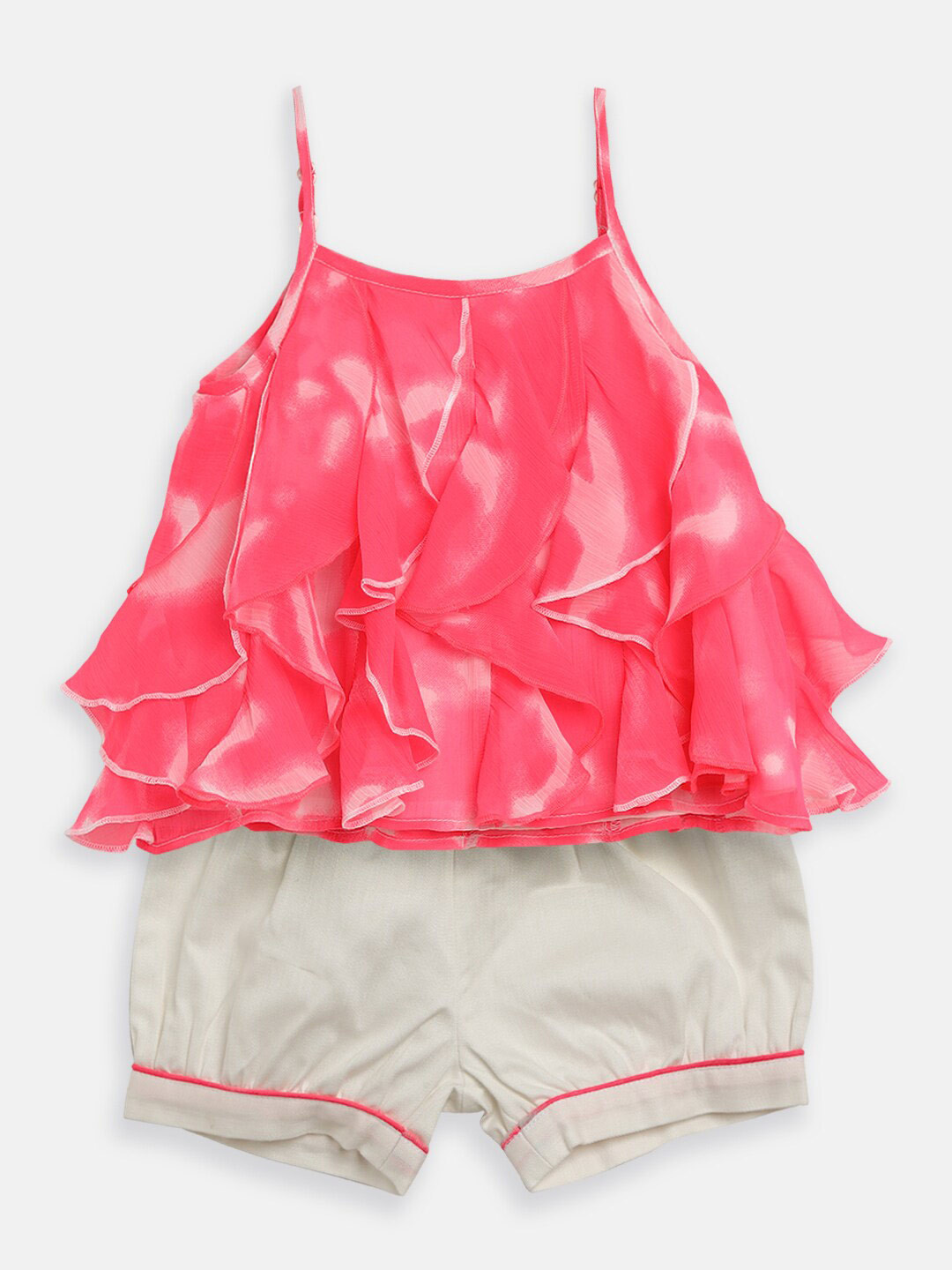 Nauti Nati Girls Pink & Off-White Solid Top with Shorts