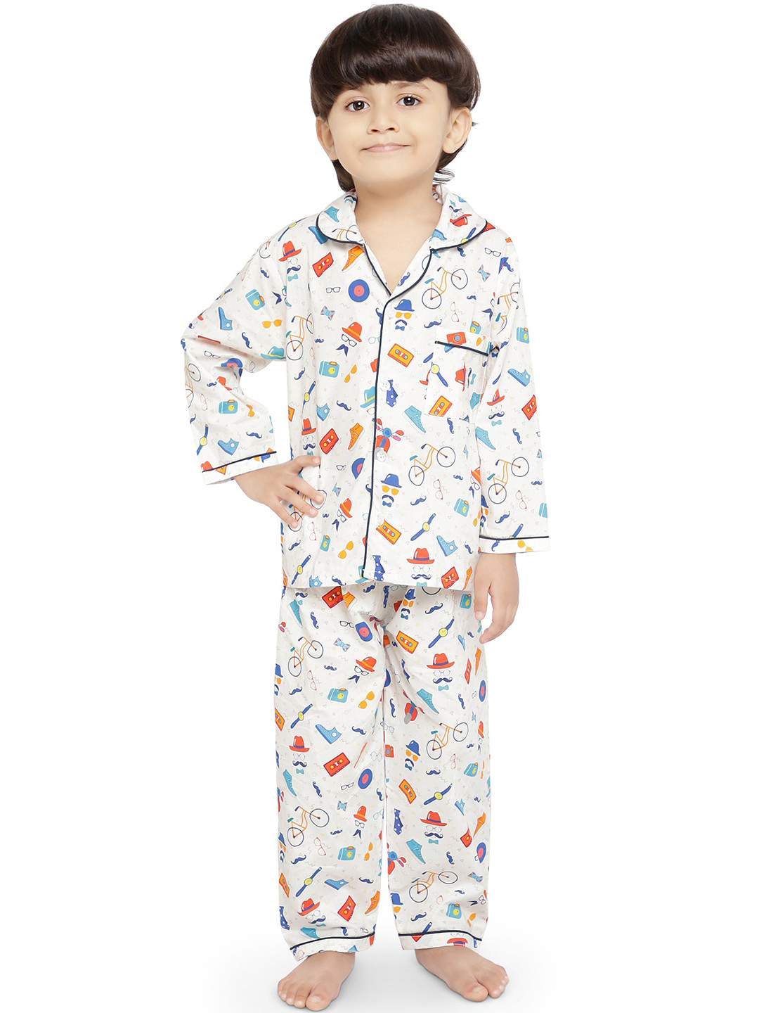 Knitting Doodles Unisex Kids White & Blue Printed Night suit