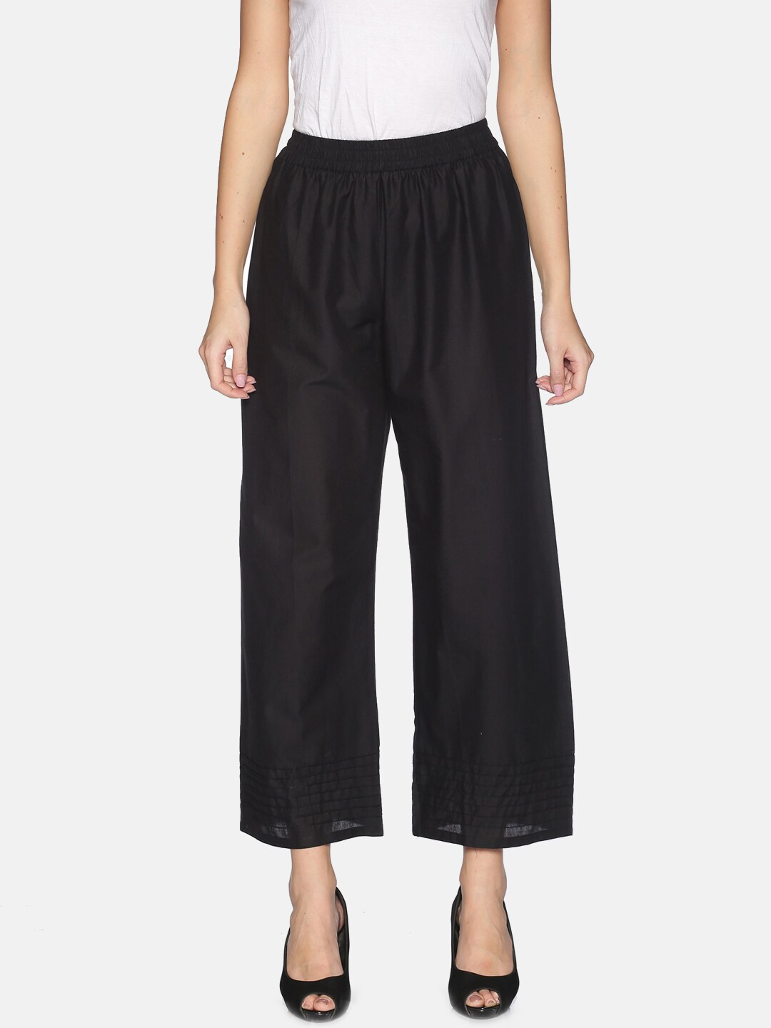 Saffron Threads Women Black Solid Pin Tucked Wide Leg Palazzos