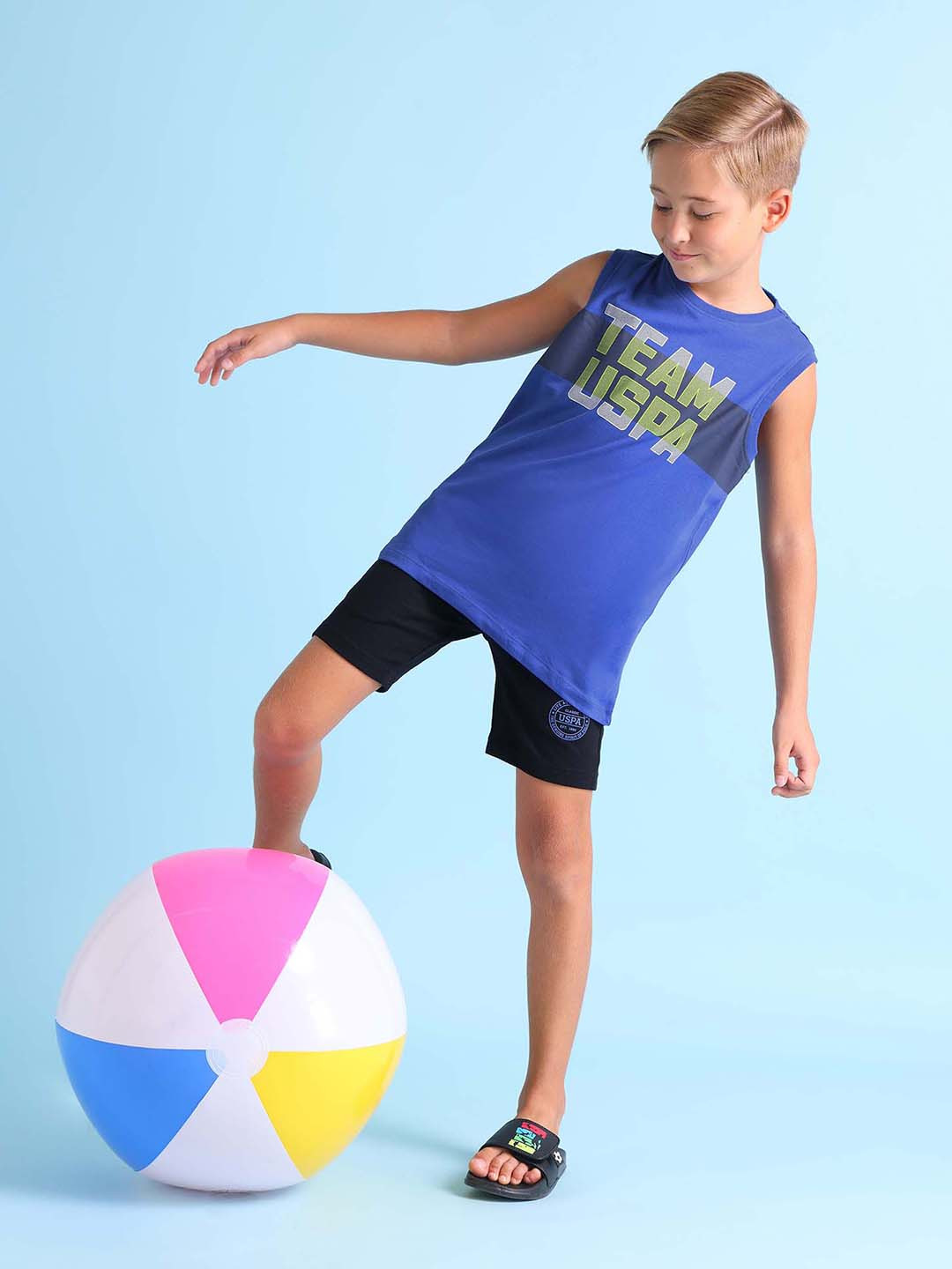 U.S. Polo Assn. Kids Boys Blue Cotton Printed Round Neck Sleeveless Lounge T-shirt