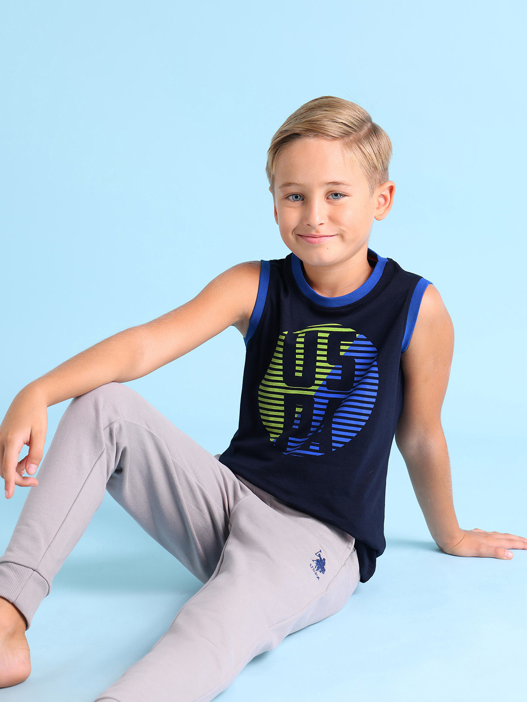 U.S. Polo Assn. Kids Boys Navy Blue & Yellow Cotton Brand Logo Print Lounge T-shirt