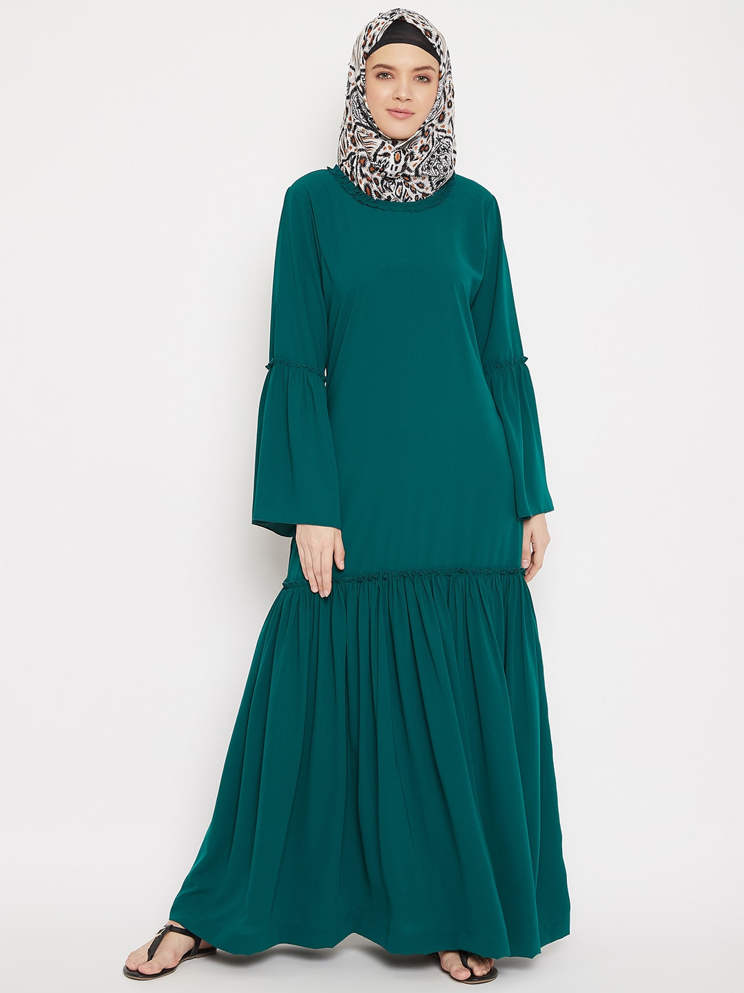 MOMIN LIBAS Women Green Solid Abaya Burqa with Gathered Detail