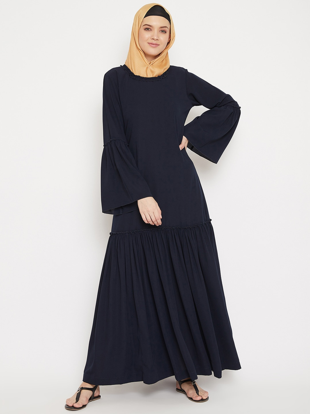 MOMIN LIBAS Women Navy Blue Solid Abaya Burqa with Gathered Detail