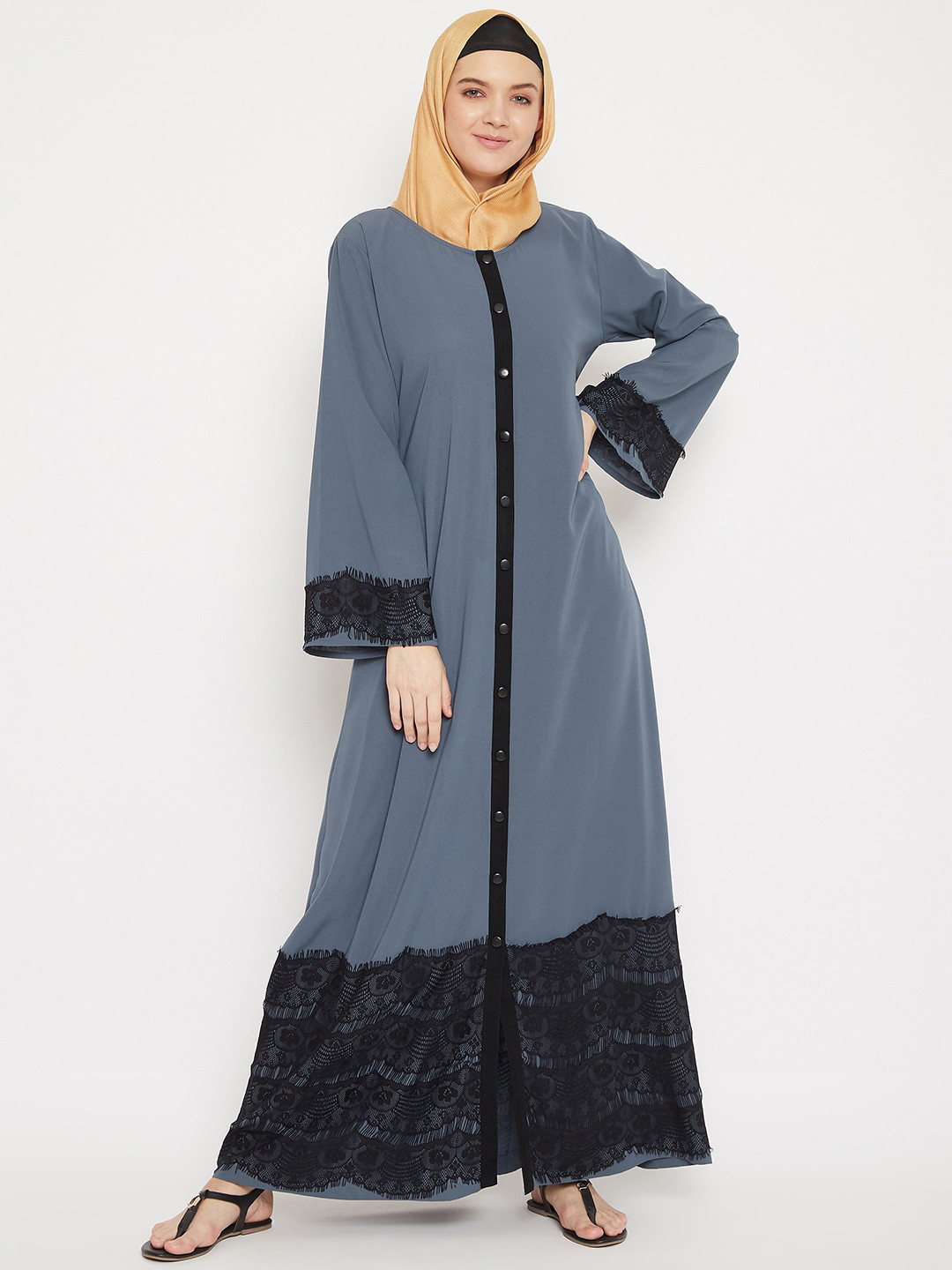 MOMIN LIBAS Women Grey Solid Abaya Burqa with Lace Detail
