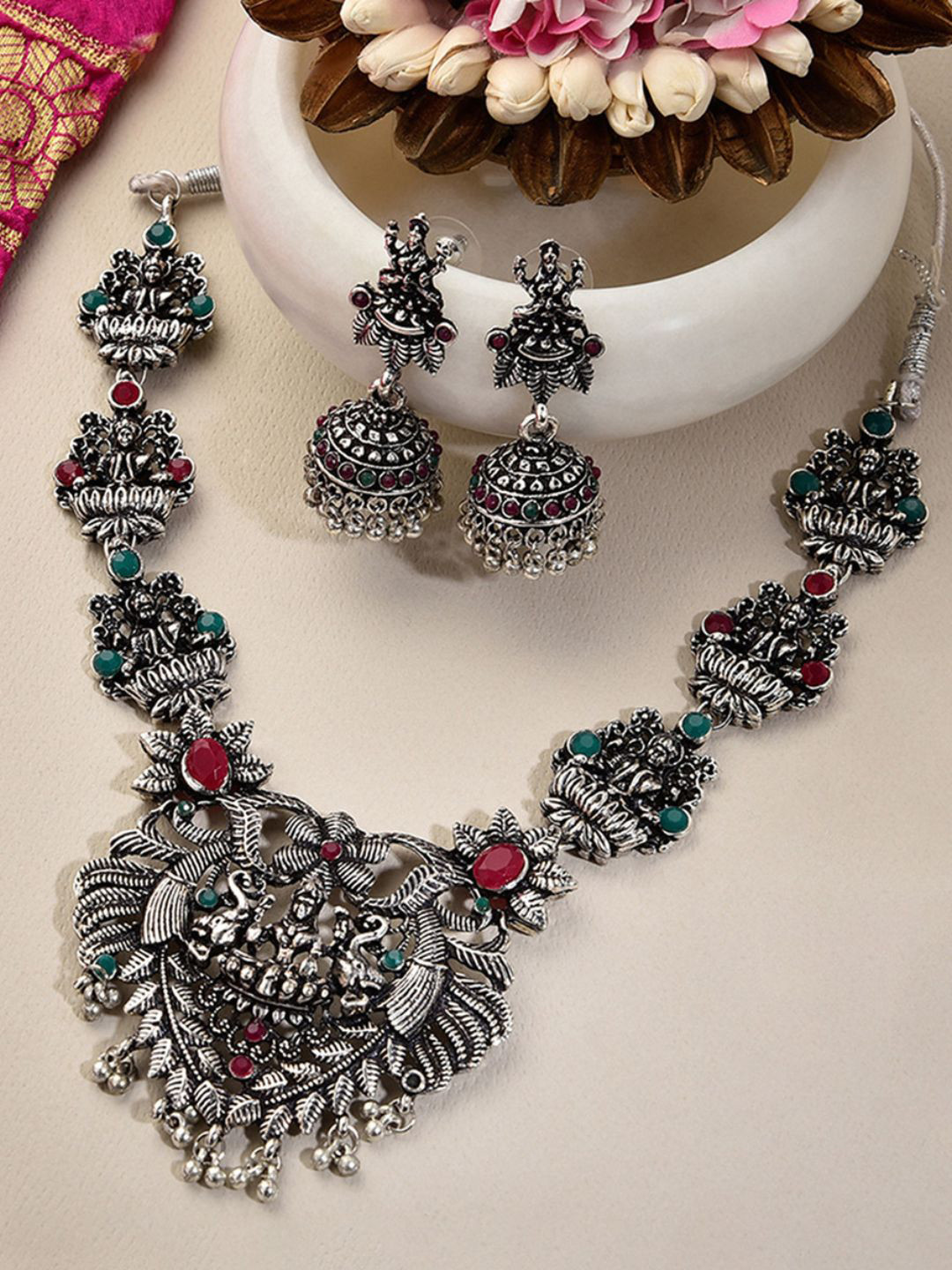 Fida Oxidised Silver-Plated Oxidised Goddess Lakshmi Temple Jewellery Set