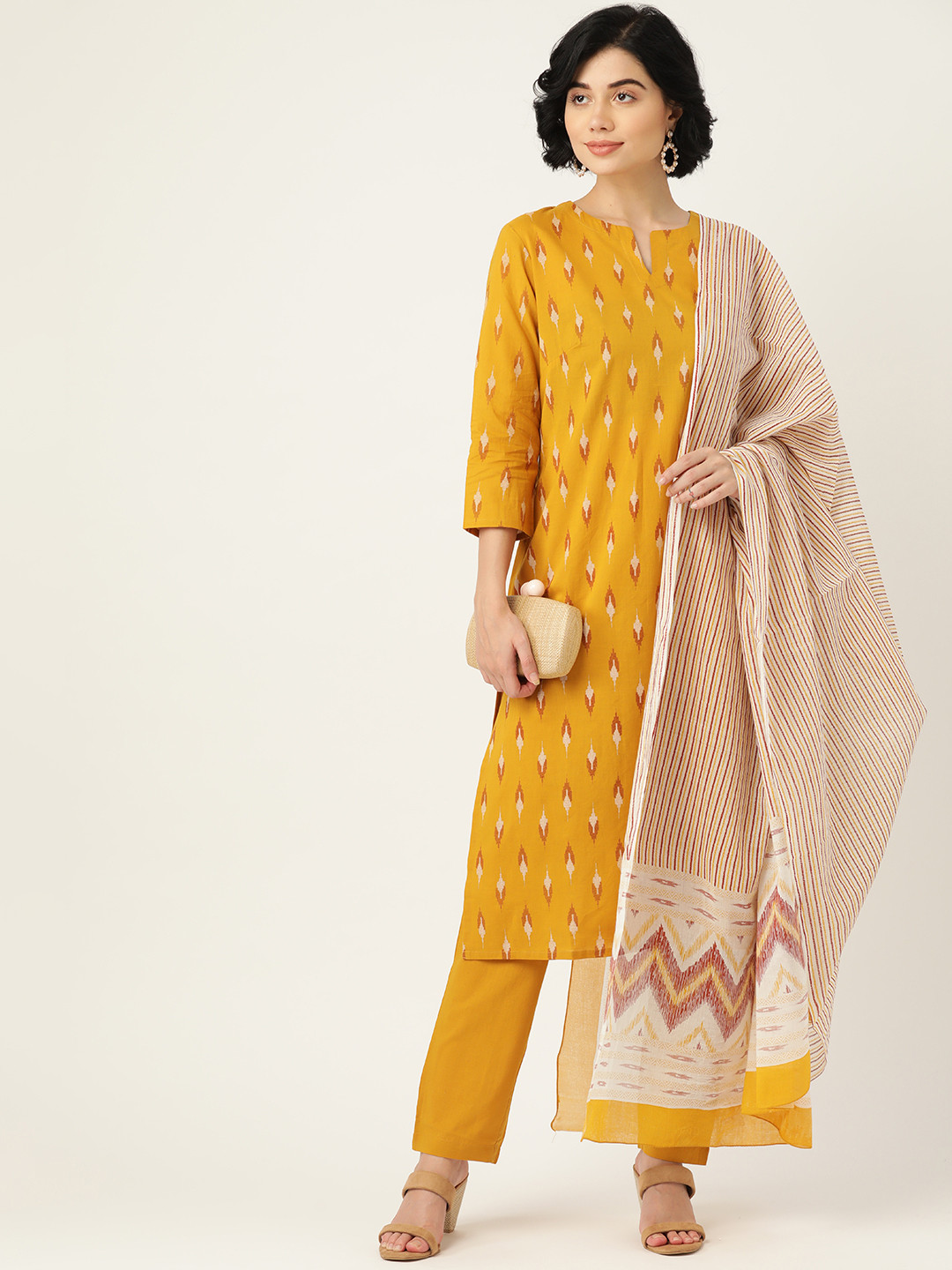all about you Women Mustard Yellow  Cotton Ikat Print Kurta with Trousers & Dupatta