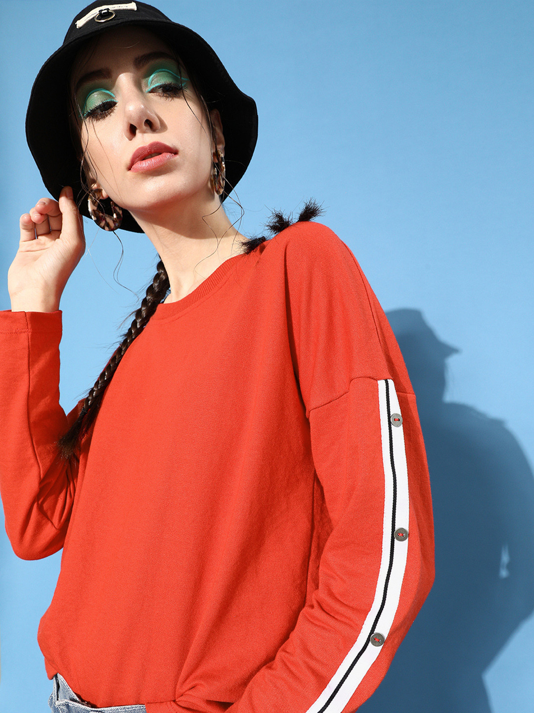 DressBerry Women Gorgeous Red Solid Drop-Shoulder Sleeves Sweatshirt