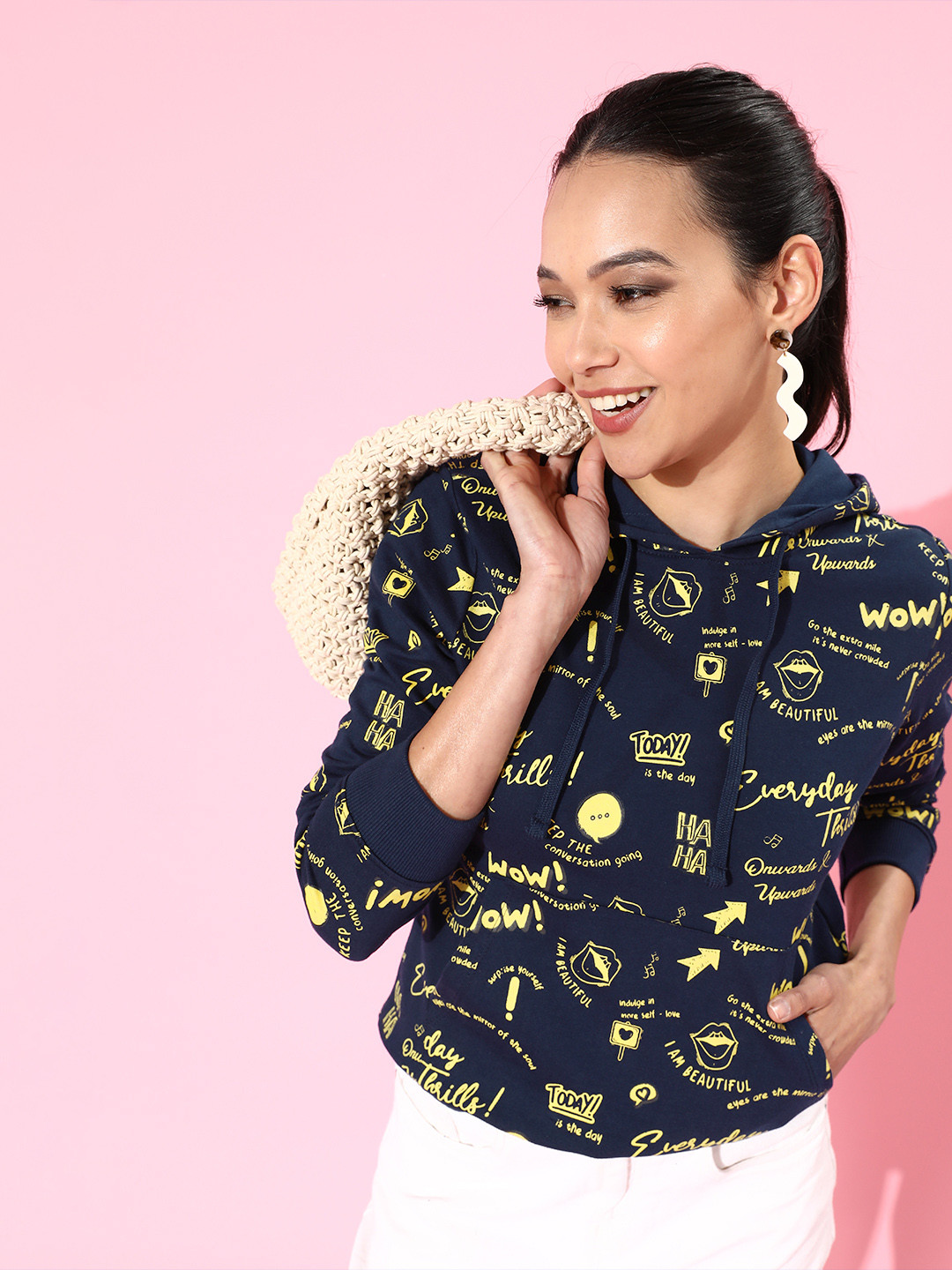 DressBerry Women Deep Navy Blue Typography Quirky Outerwear Sweatshirt