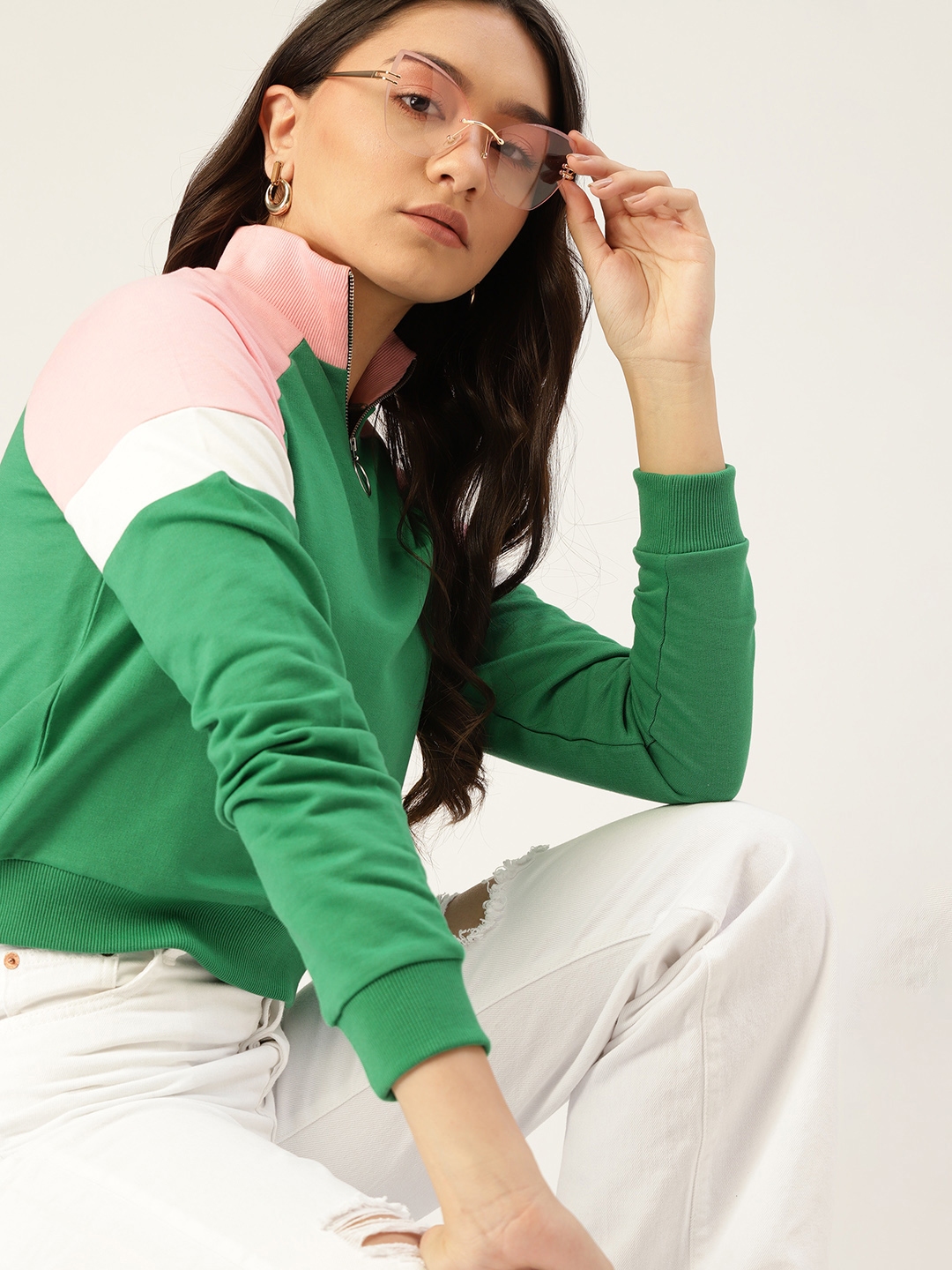 DressBerry Women Green & Pink Solid Sweatshirt