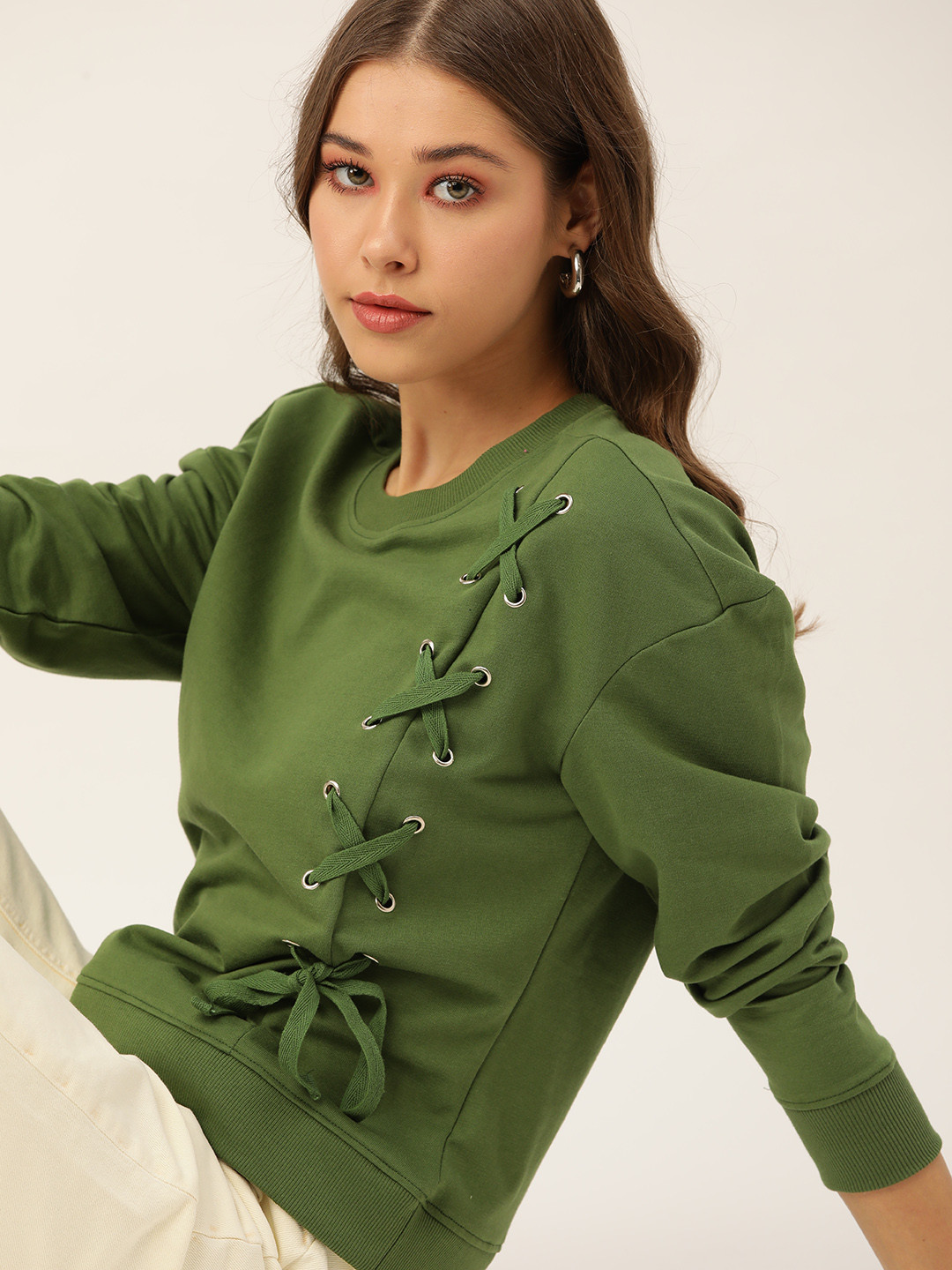 DressBerry Women Olive Green Lace-Up Sweatshirt