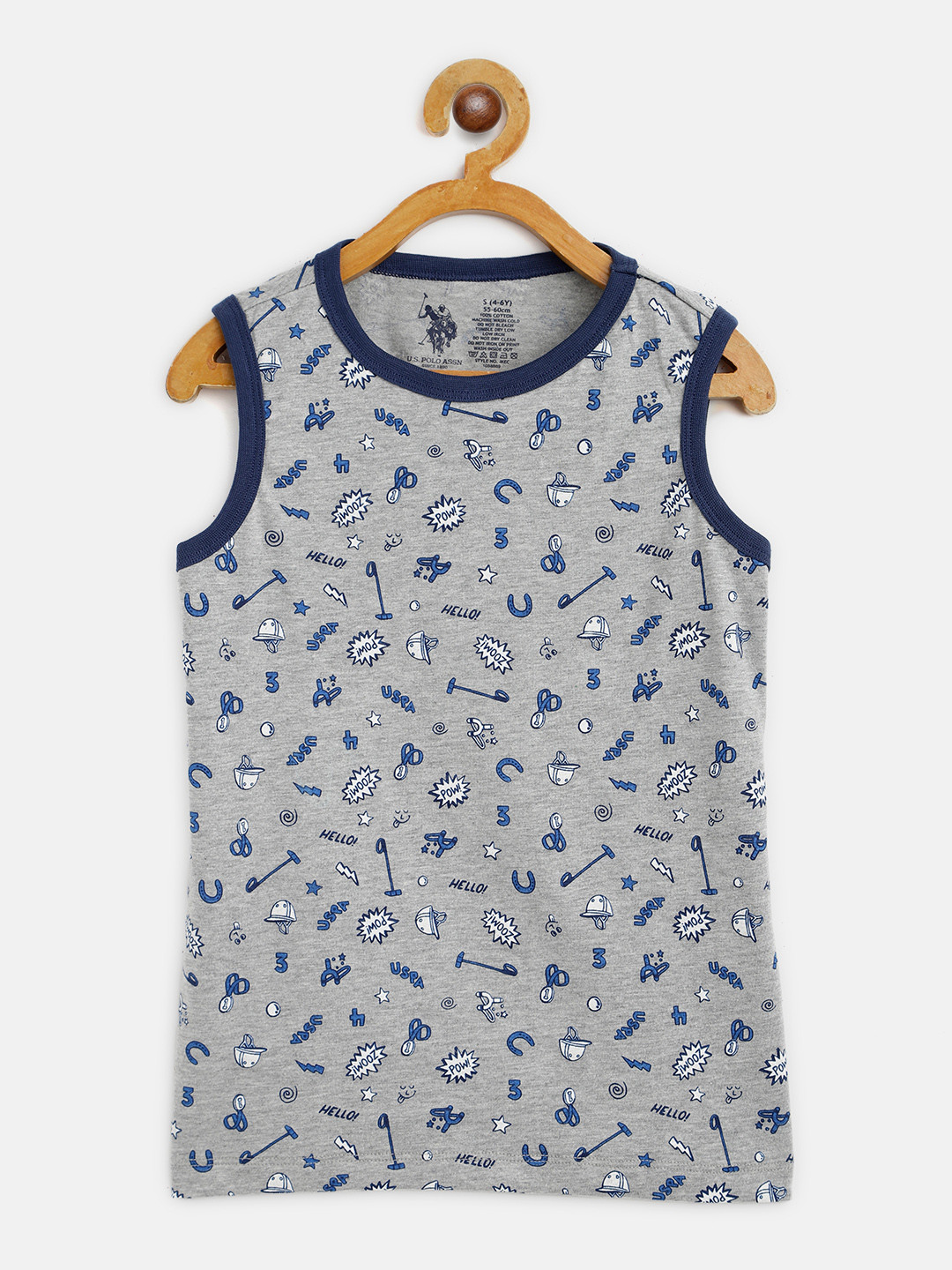 U.S. Polo Assn. Kids Boys Grey Melange & Blue Cotton Printed Round Neck Sleeveless T-shirt