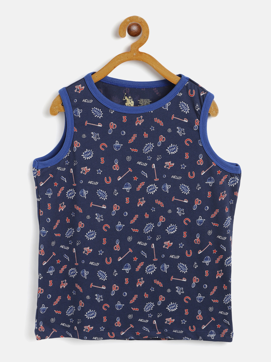 U.S. Polo Assn. Kids Boys Blue & Red Cotton Printed Round Neck Sleeveless T-shirt