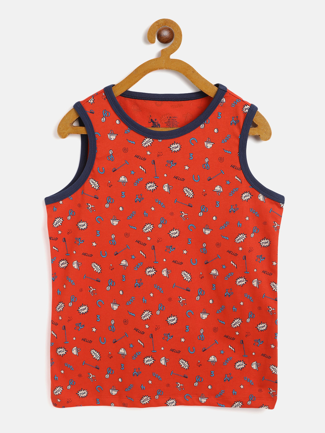 U.S. Polo Assn. Kids Boys Orange & Blue Cotton Printed Round Neck Sleeveless T-shirt
