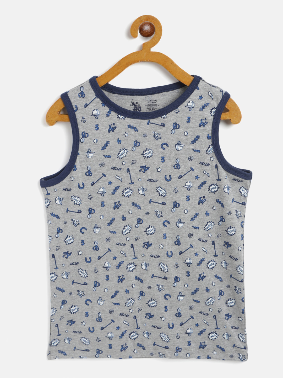 U.S. Polo Assn. Kids Boys Grey Melange Pure Cotton Printed Round Neck Sleeveless Pure Cotton T-shirt