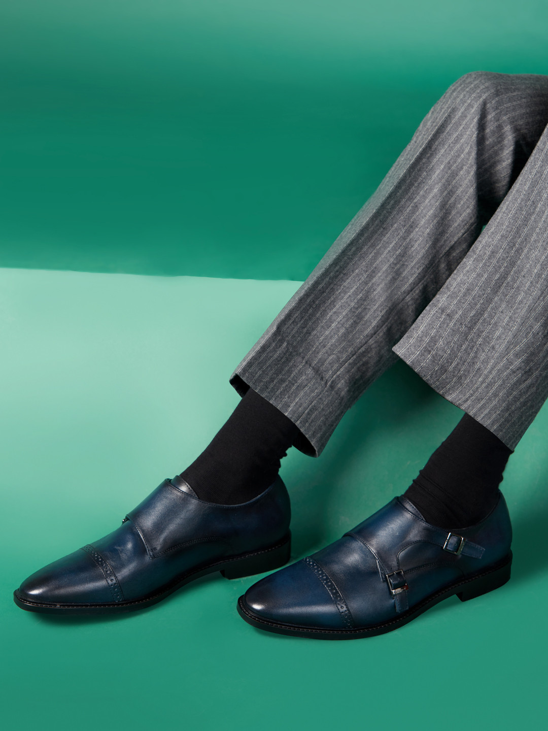 Saint G Men Navy Blue Solid Leather Formal Monk Shoes