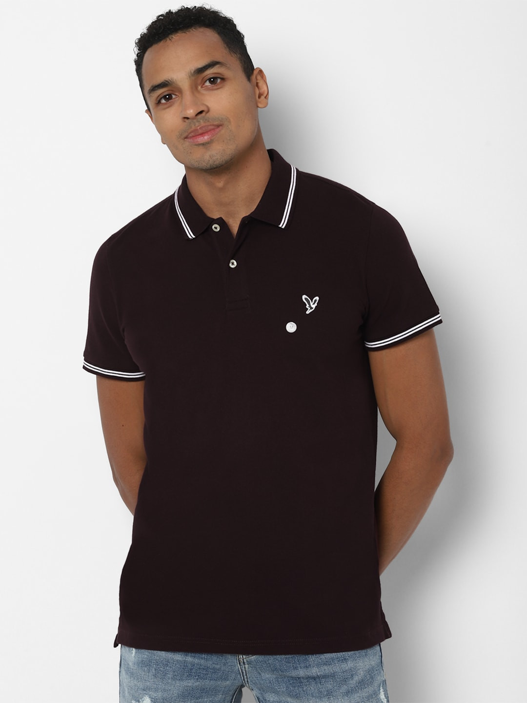 AMERICAN EAGLE OUTFITTERS Men Burgundy Solid Polo Collar T-shirt