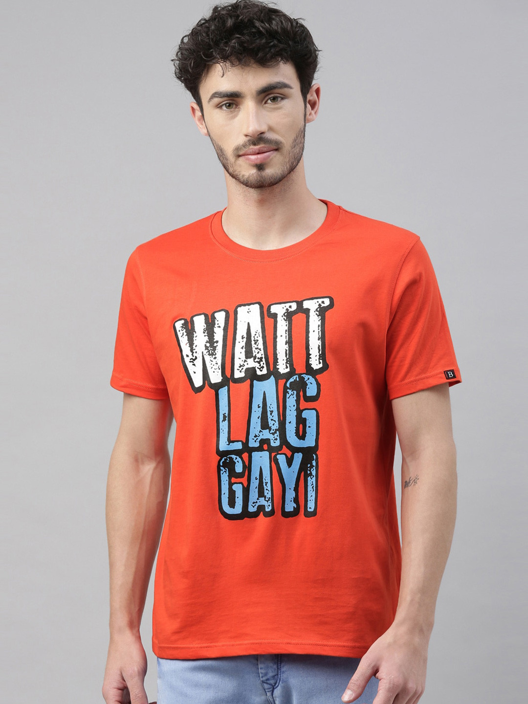 Bushirt Men Orange Printed Round Neck Cotton Pure Cotton T-shirt