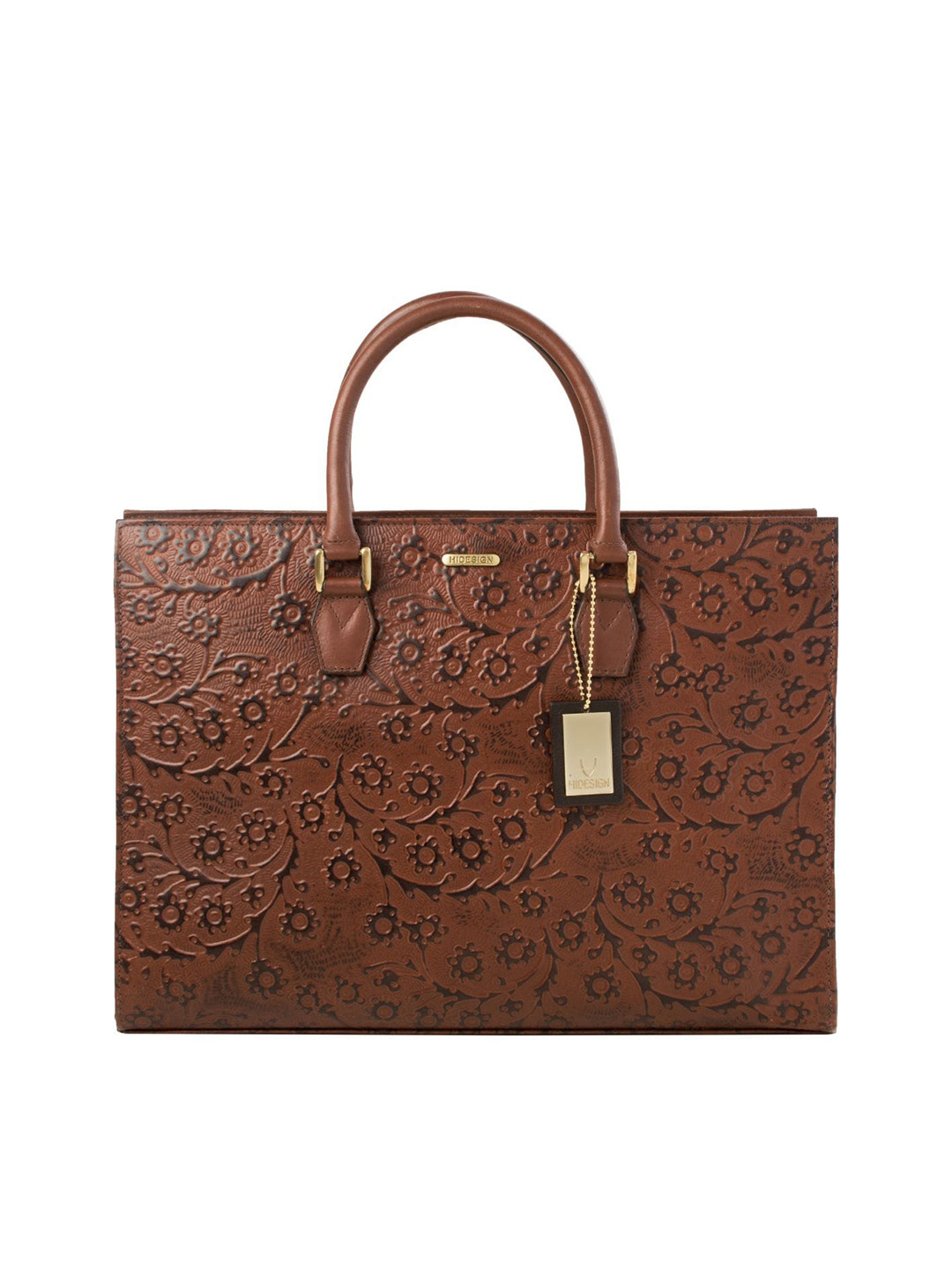 Hidesign Brown Self Design Leather Handheld Bag