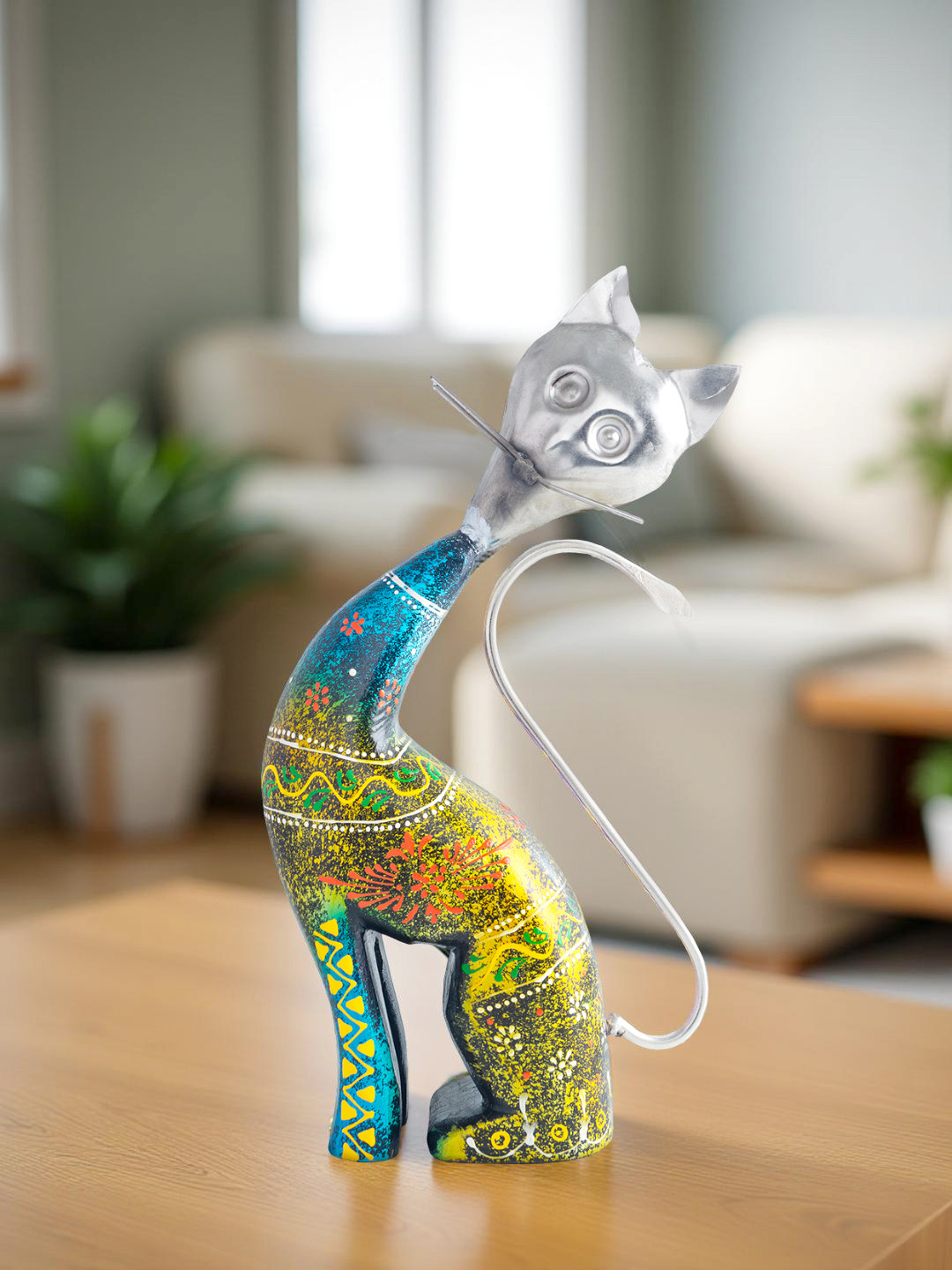 Golden Peacock Cat Silver Wood Metallic Living Room Hand-Crafted Medium Showpiece - 12.2 Inches