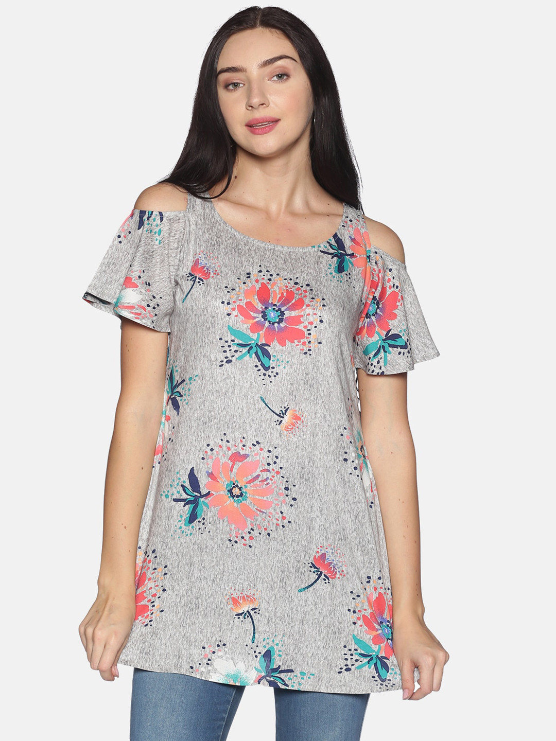 Saffron Threads Women Grey & Pink Printed Cold-Shouldered Sleeve Tunic