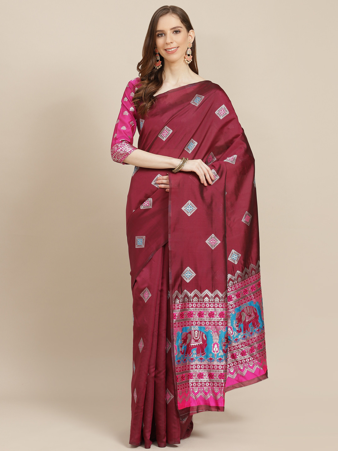 KALINI Burgundy & Silver Ethnic Motifs Banarasi Saree
