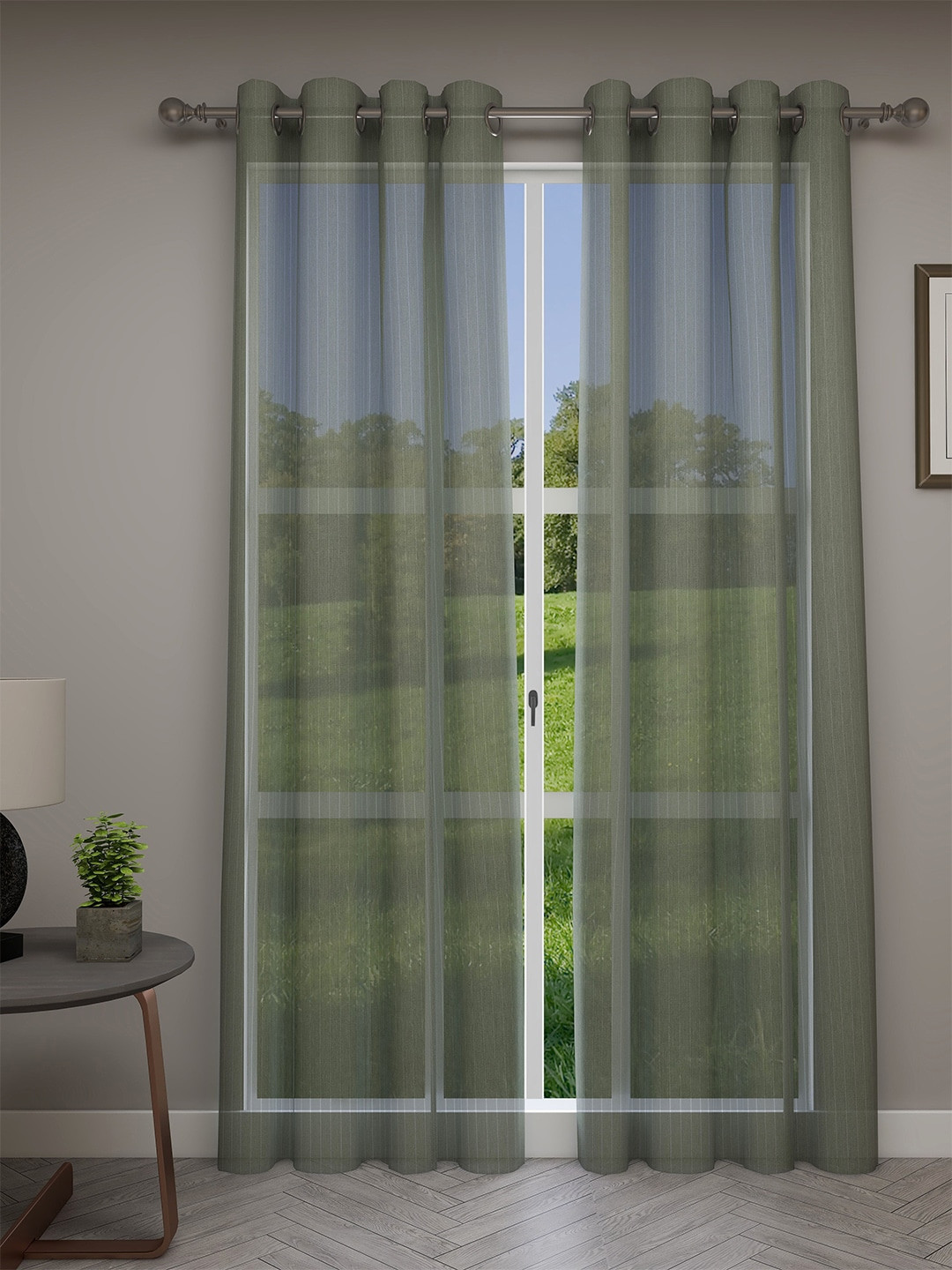 GM Olive Green Set of 2 Striped Sheer Jacquard Door Curtains