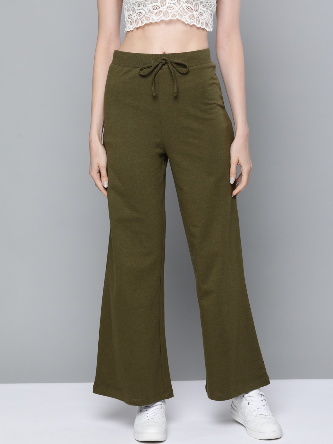 SASSAFRAS Women Olive Green High-Rise Wide Leg Track Pants