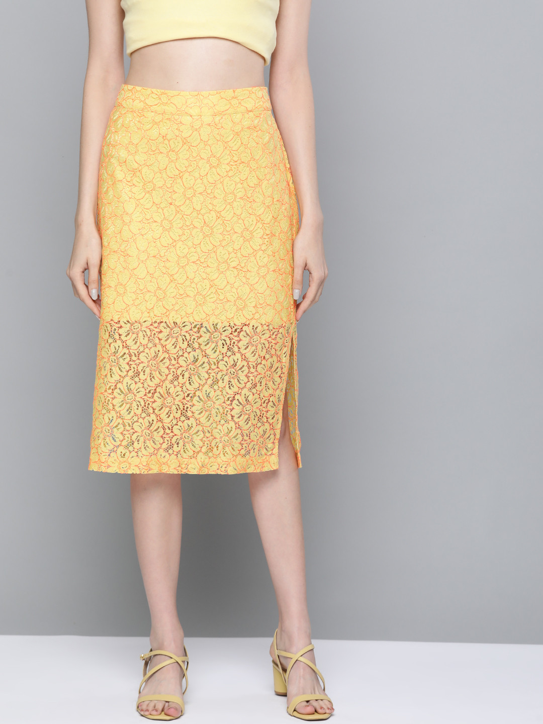 SASSAFRAS Women Mustard Yellow & Pink Floral Lace Design Midi A-Line Skirt with Side Slit