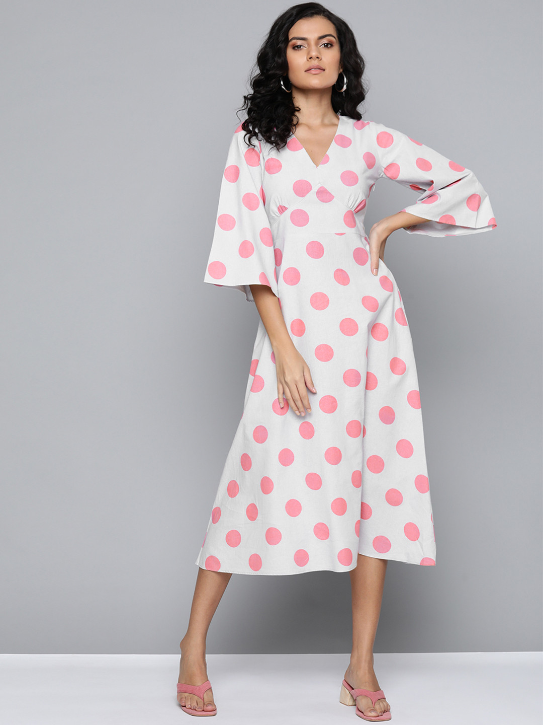 SASSAFRAS Grey & Pink Polka Dots Cotton Linen A-Line Dress