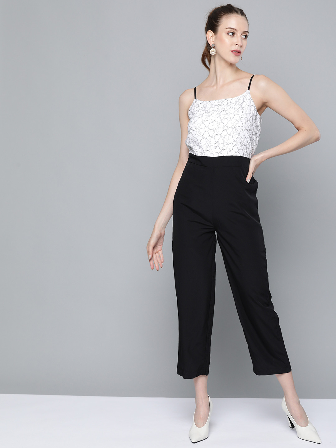 SASSAFRAS White & Black Basic Jumpsuit with Lace Inserts