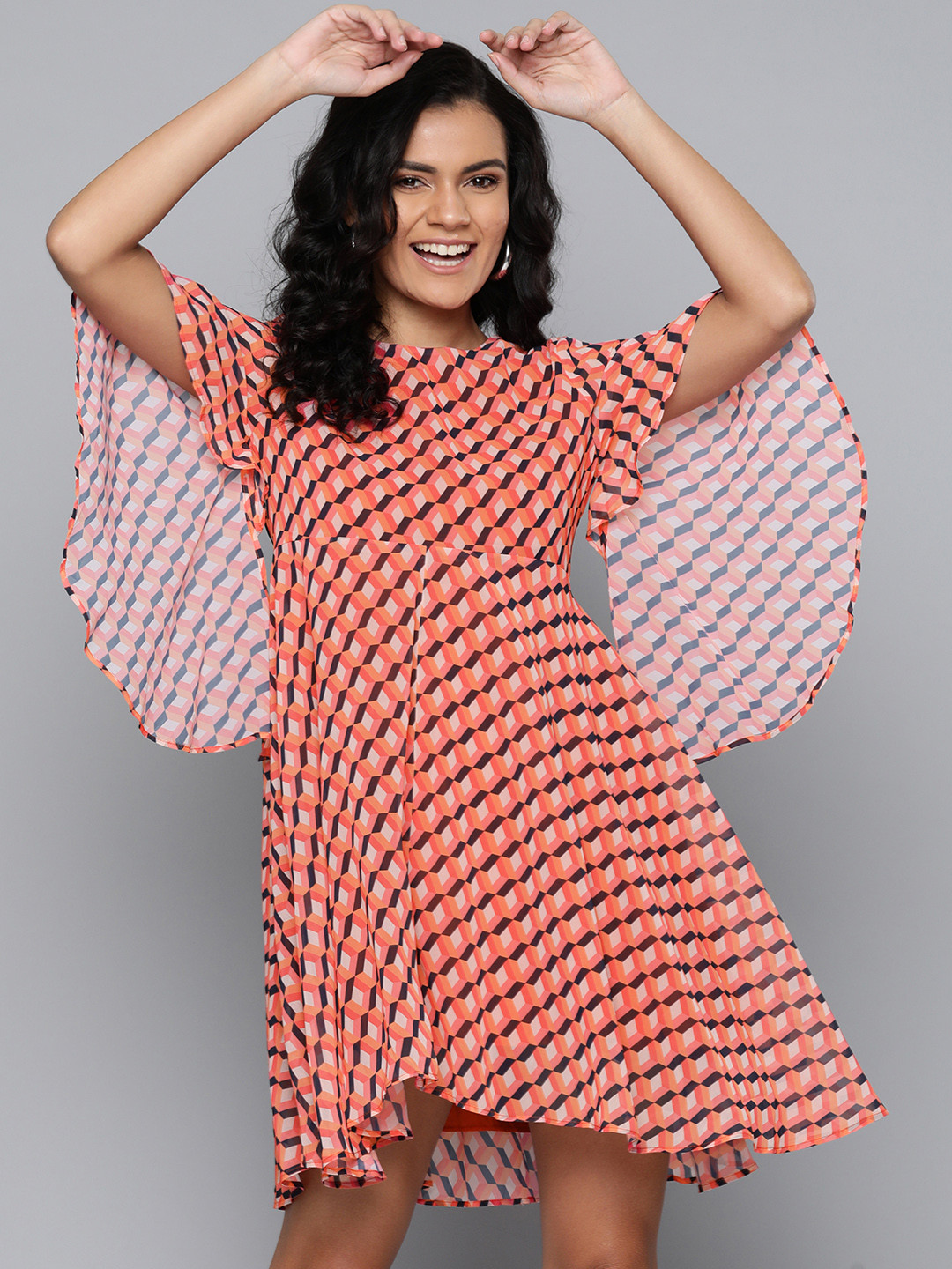 SASSAFRAS Orange & Black Printed Georgette A-Line Dress