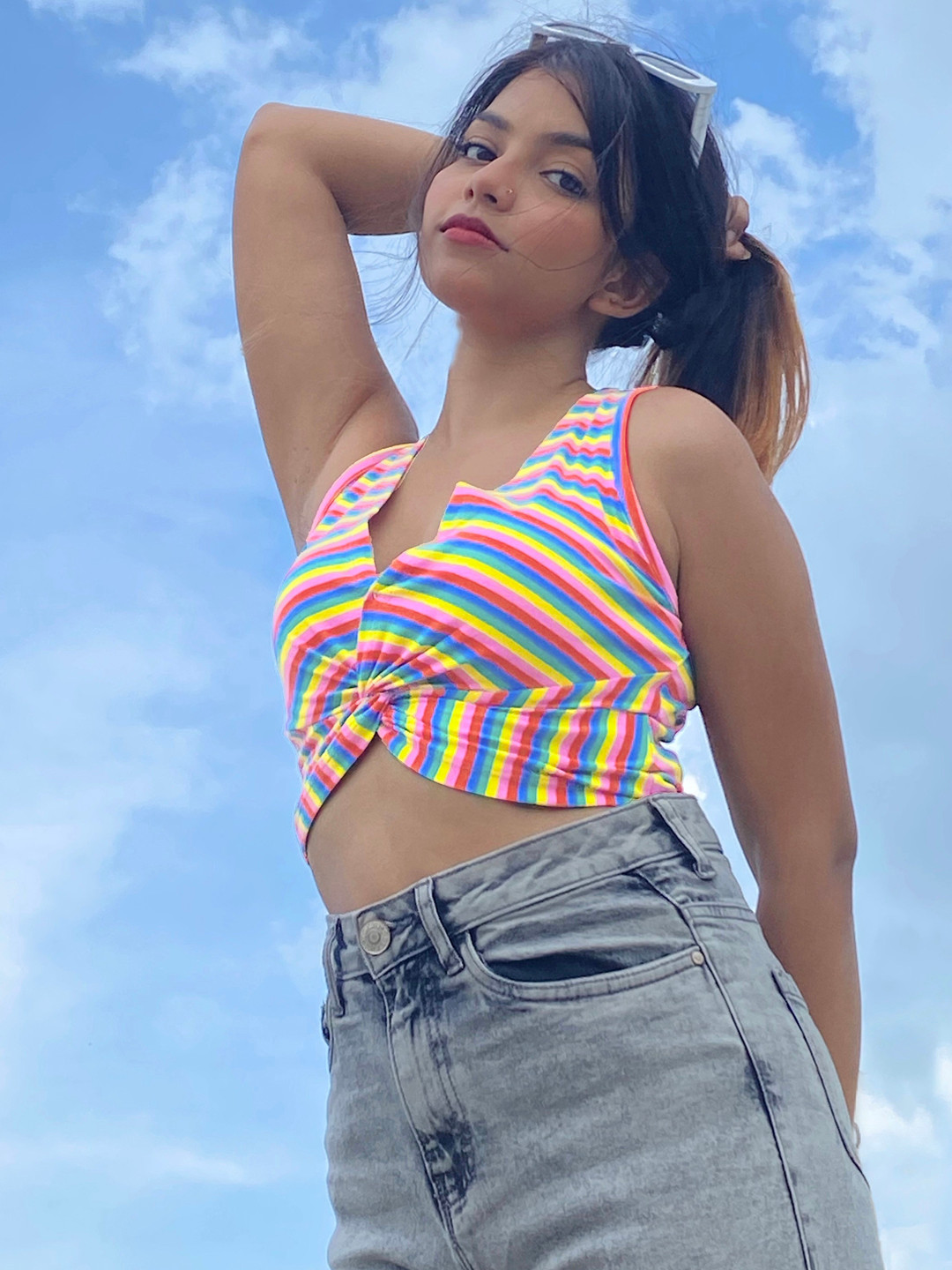 SASSAFRAS Pink & Yellow Pure Cotton Striped Twisted Crop Top