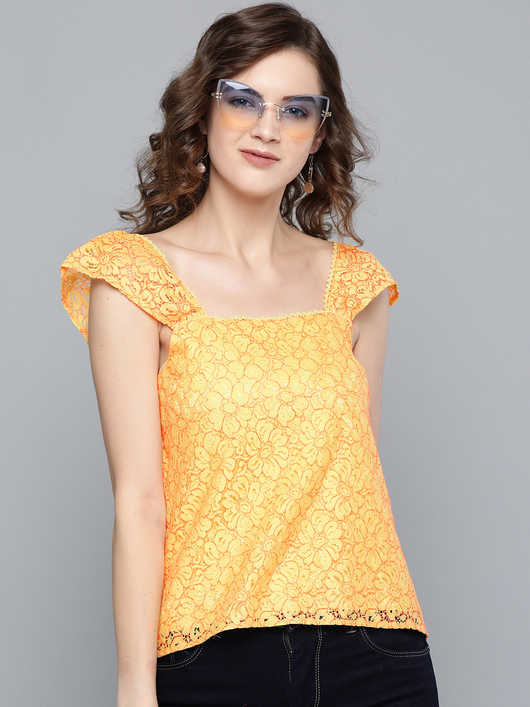 SASSAFRAS Women Yellow Floral Lace Regular Top