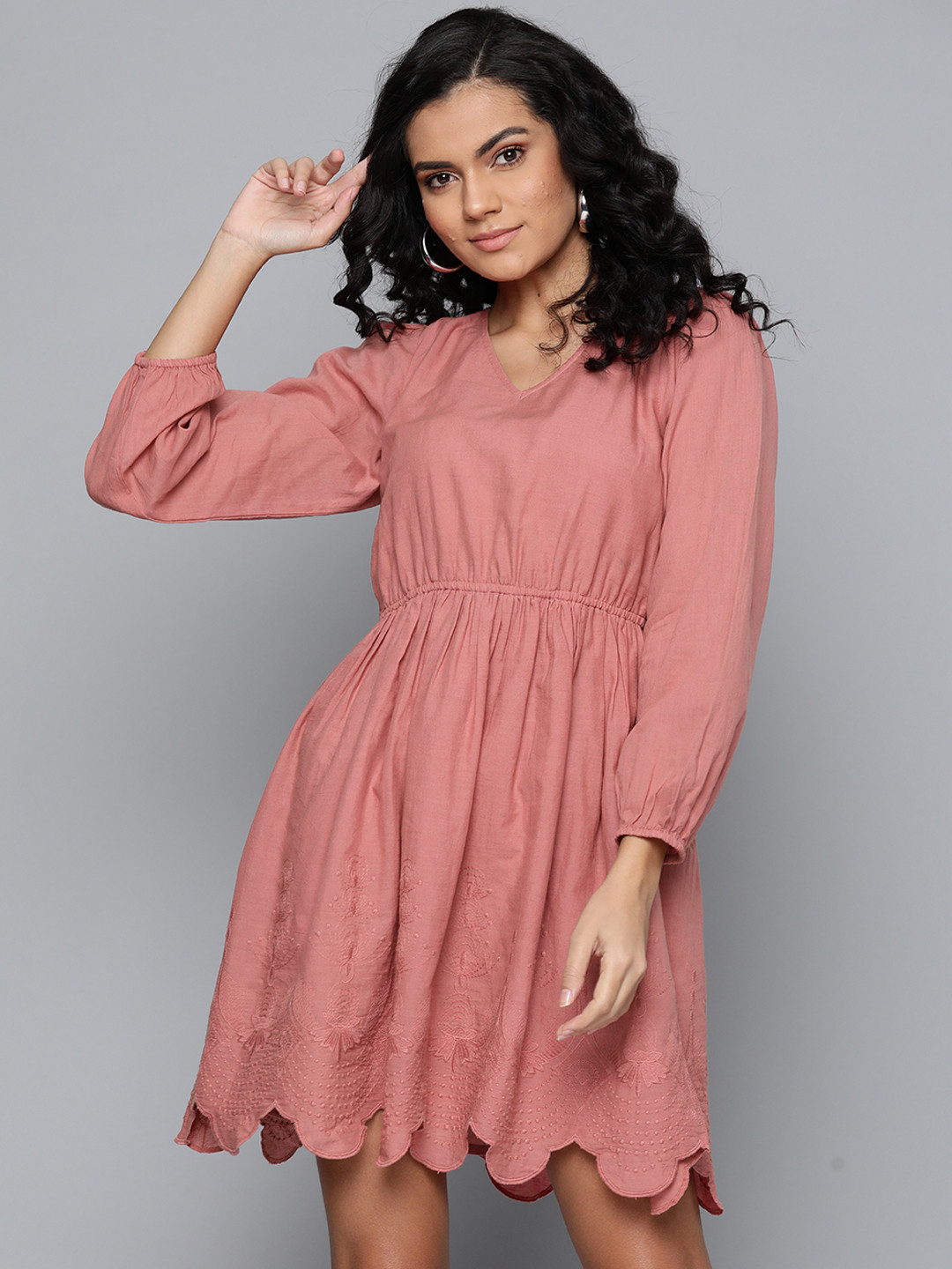 SASSAFRAS Blush Pink Ethnic Motifs Embroidered Pure Cotton Fit & Flare Dress