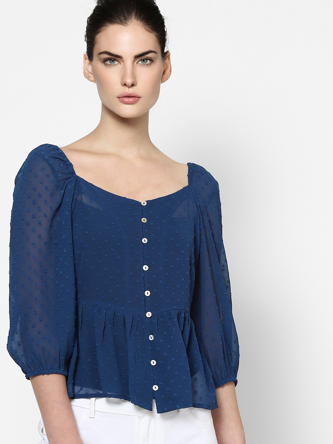 ONLY Women Blue Puff Sleeve Peplum Top