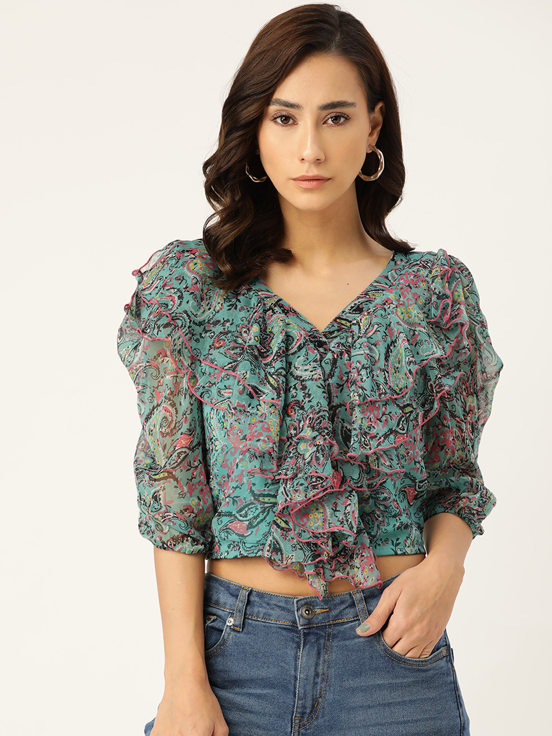 Antheaa Teal Green & Pink Printed Flared Sleeve Chiffon Regular Top