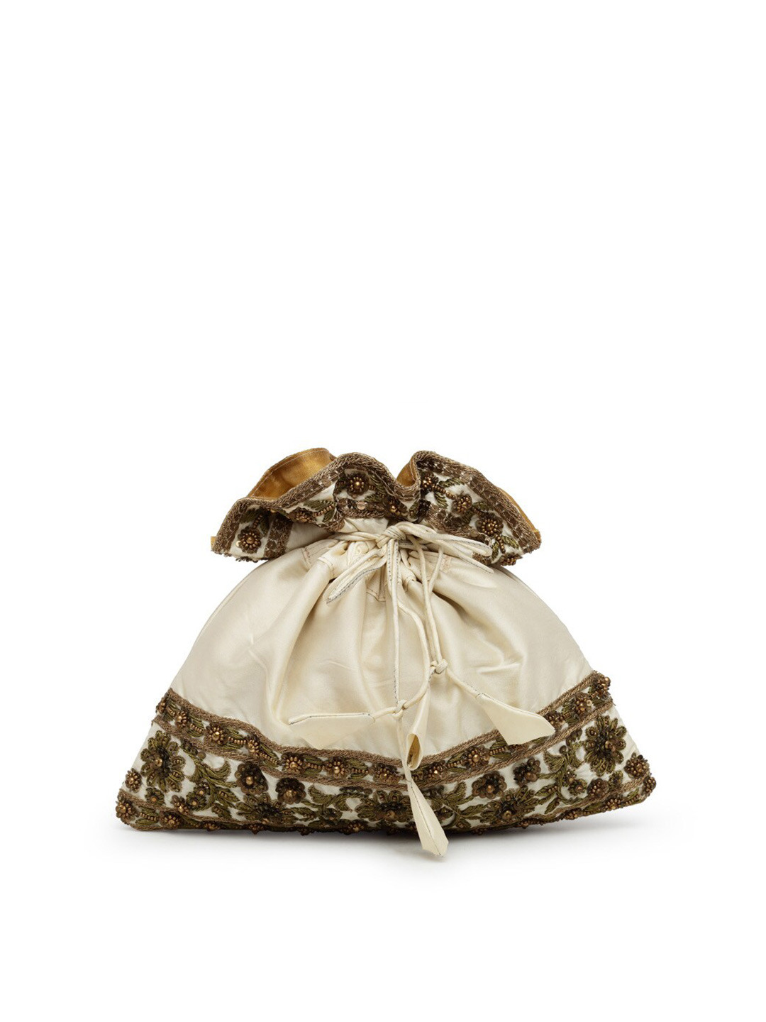 PRACCESSORII Cream-Coloured & Gold-Toned Embroidered Potli Clutch