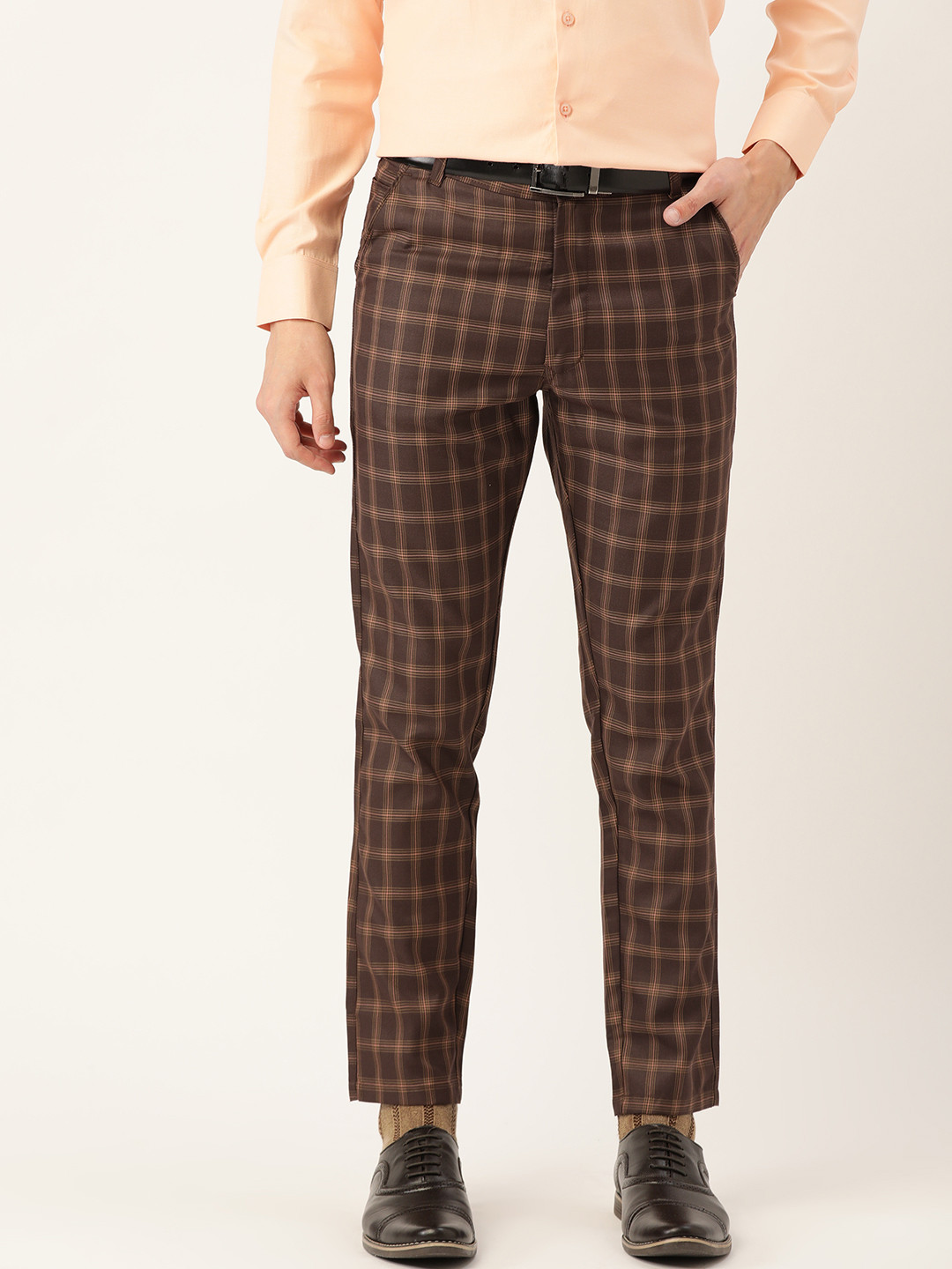 SOJANYA Men Brown & Mustard Yellow Checked Smart Fit Formal Trousers