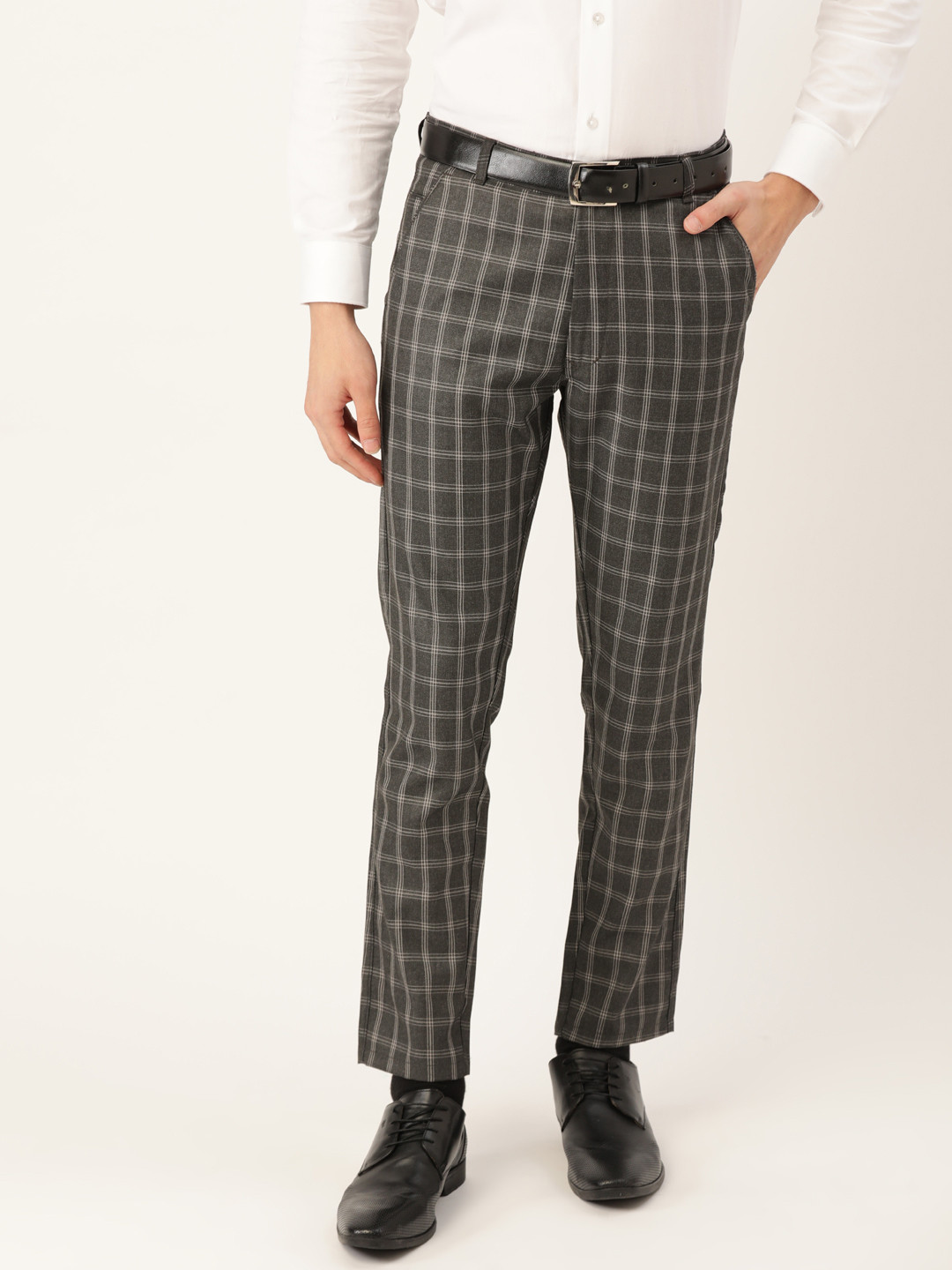 SOJANYA Men Charcoal Grey & White Checked Smart Fit Formal Trousers