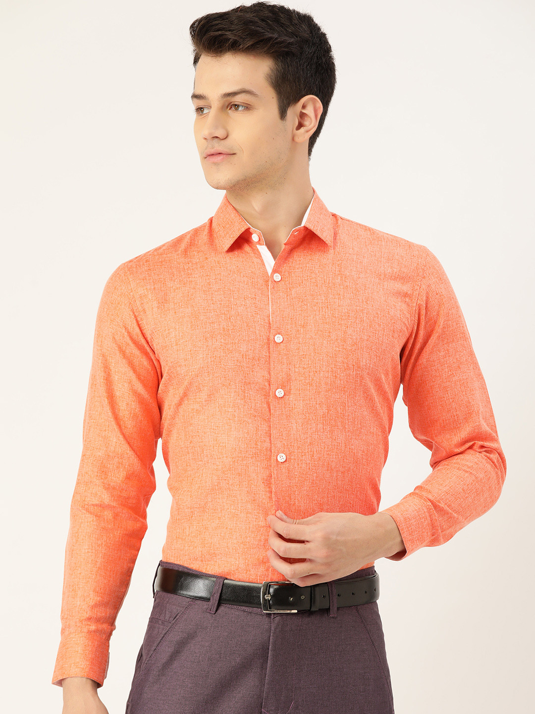 SOJANYA Men Orange Self-Design Classic Fit Formal Shirt