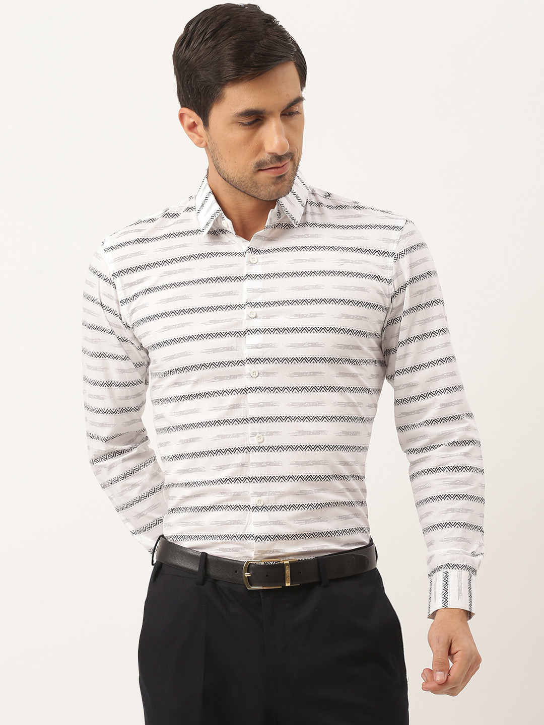 SOJANYA Men White & Black Horizontal Stripes Pure Cotton Classic Formal Shirt